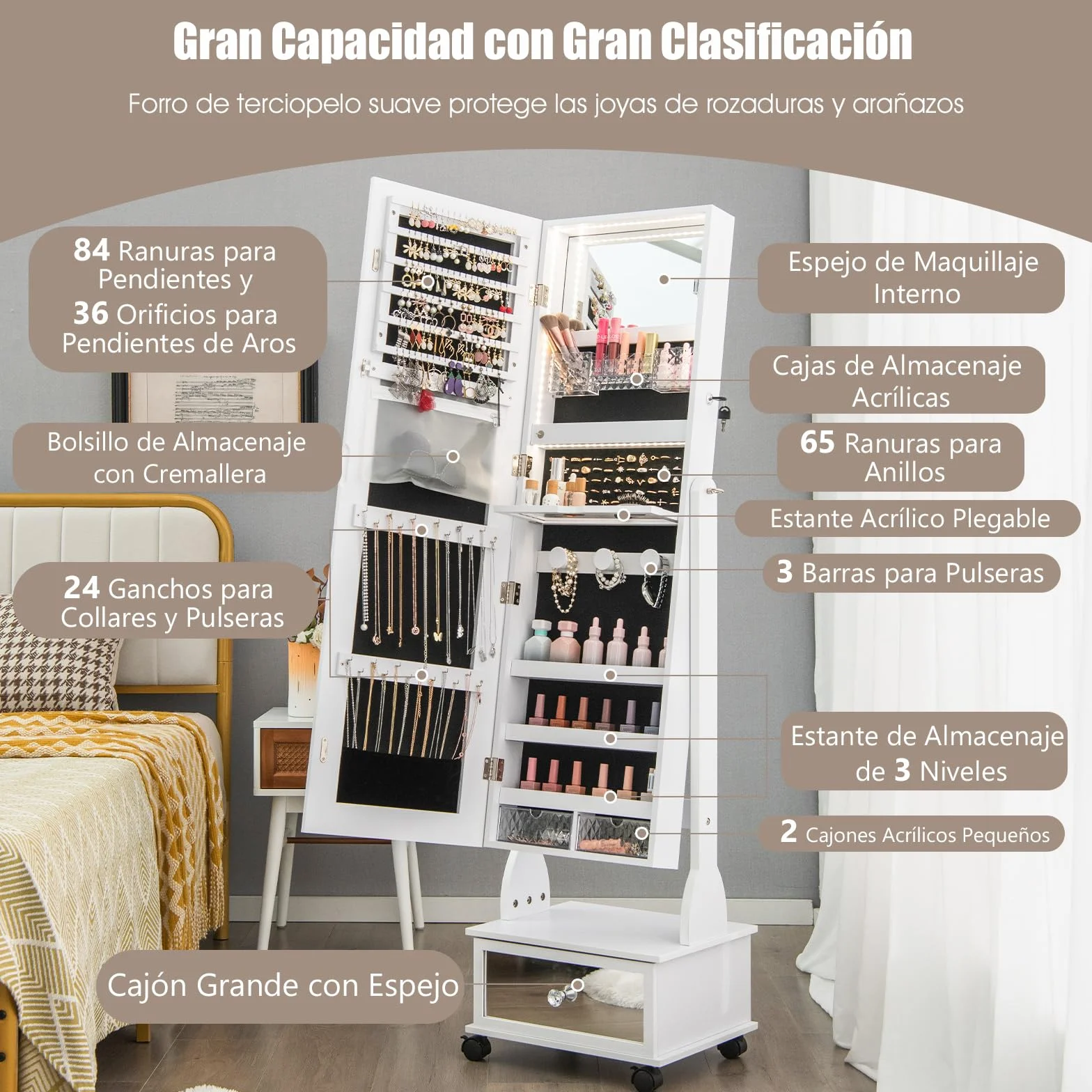COSTWAY Armario para Joyas, Espejo Joyero de Pie Con Luces LED de 3 Colores, Espejo de Pie Cuerpo Entero con Cerradura, Cajón y 4 ruedas, Almacenamiento de Joyas Con Espejo de Maquillaje (Blanco)