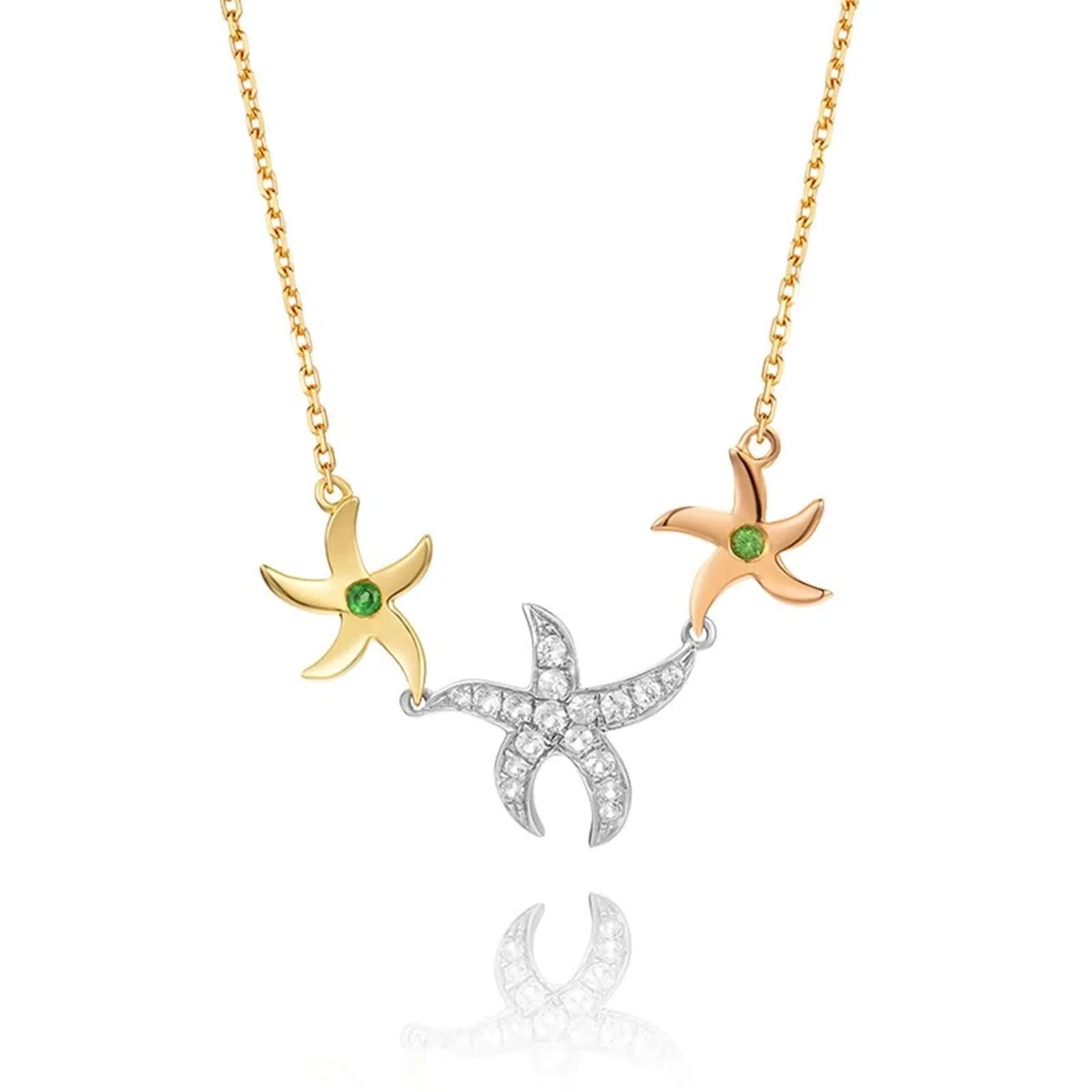 Collar con colgante de oro, oro amarillo de 18 quilates, estrella de mar con diamante y tsavorita, 0,22 quilates con cadena Rolo extensor de 45+5 cm, Diamond Moissanite