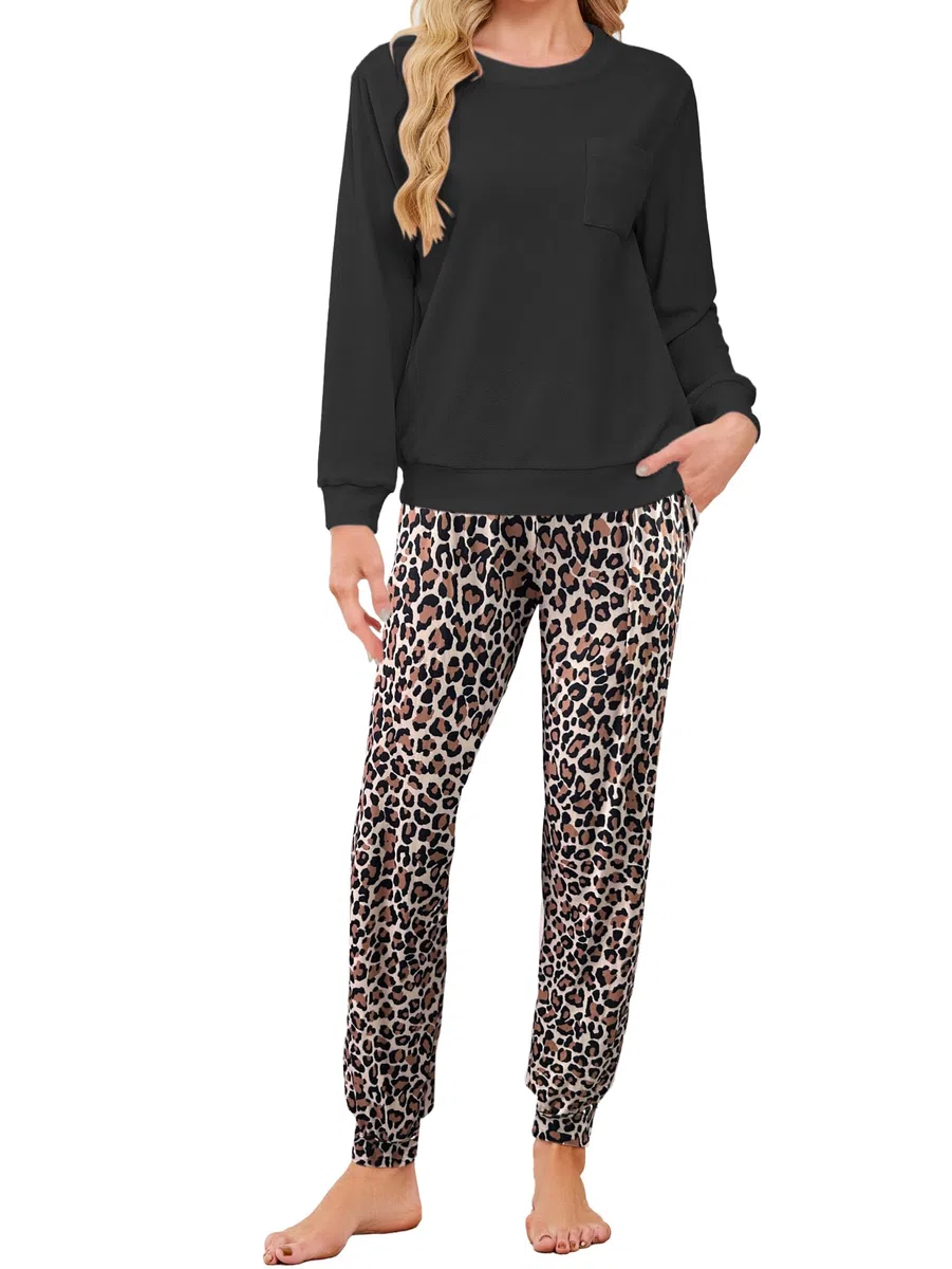 Famulily Conjunto de pijama de forro polar para mujer, pijama de dos piezas con cuello redondo liso y pantalones deportivos con bolsillos, tallas S-XXL