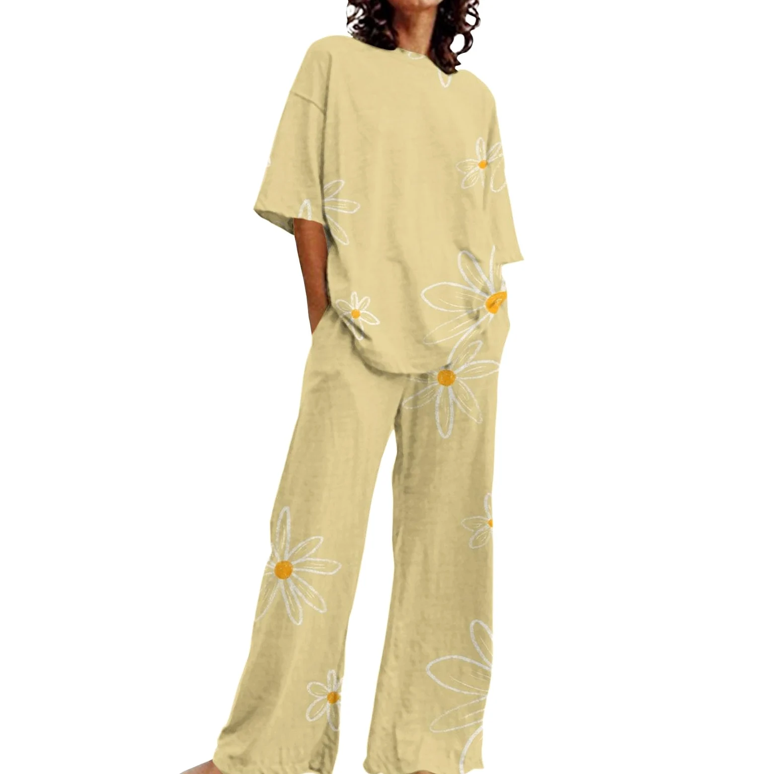 Conjunto De Pijama De Mujer Verano De Algodón Impreso 2026 Nueva Camiseta Con Patrón Camiseta Casual Grande Loungewear Cómodo Conjunto Camisón Mujer Tamaño Grande Y Manga Larga