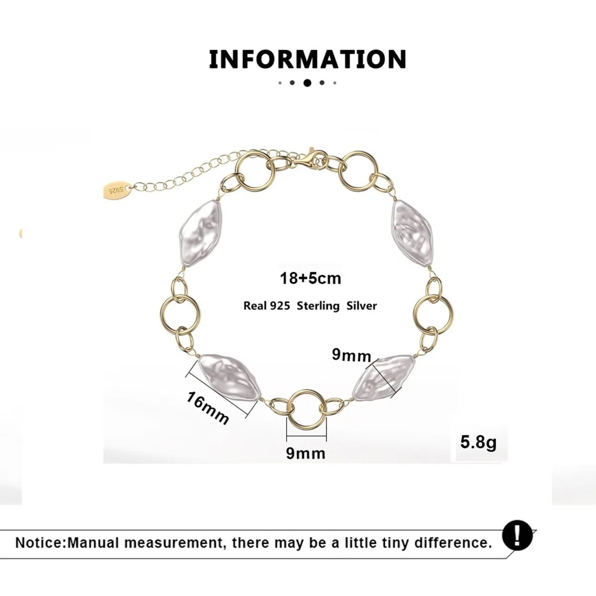 Pulsera la Amistad Oro, Pulsera Plata Ley Mujer Pulsera Amigos Perlas Irregulares 18+5cm