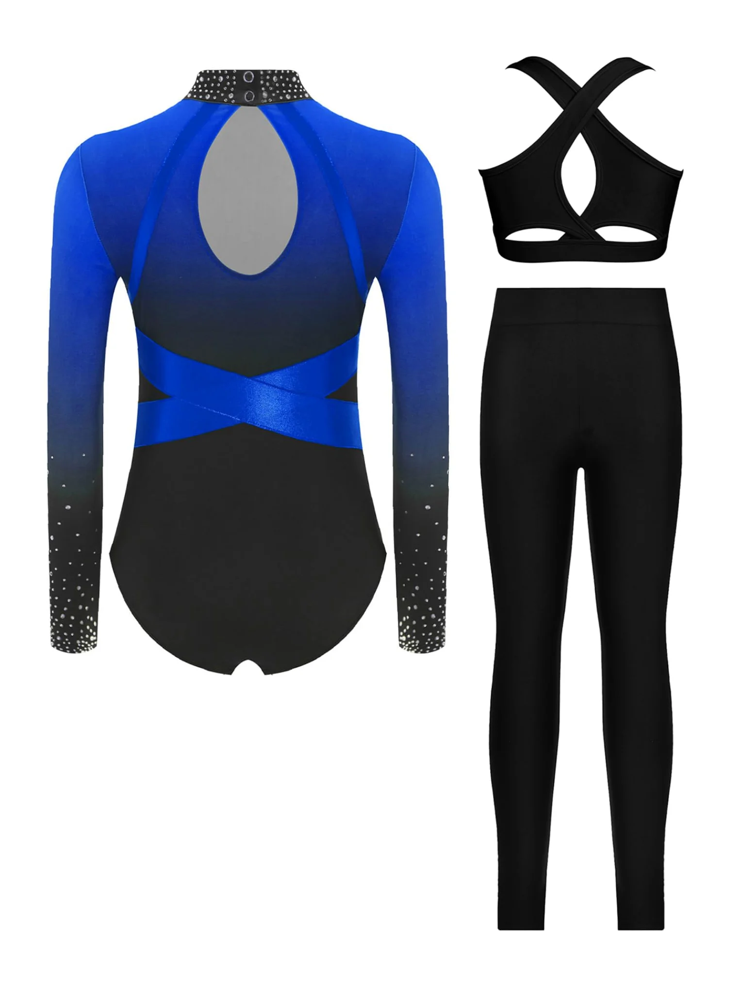 Piezas De Traje De Gimnasia Con Destellos Para Niñas Leotardos De Gimnasia De Manga Larga Tops De Deporte Brasier Y Pantalones Traje De Baile Para Azul 13-14 años