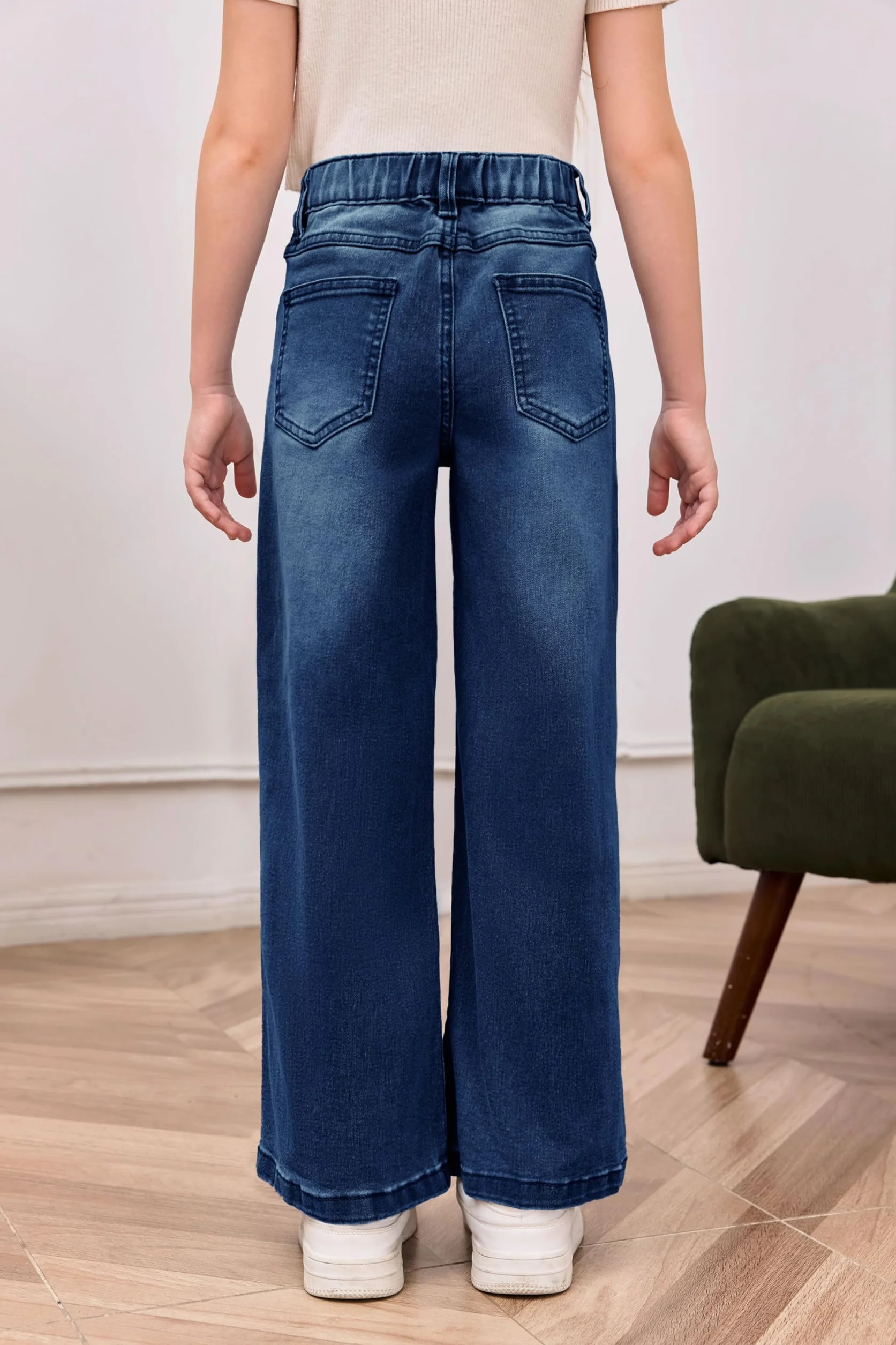 Haloumoning Pantalones vaqueros de cintura alta para niñas, pantalones vaqueros con cintura elástica, piernas anchas