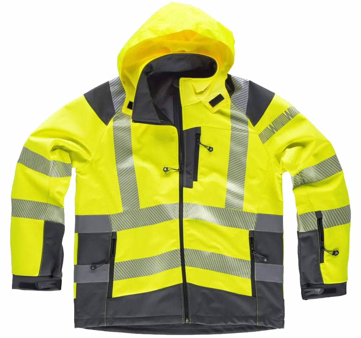WORKTEAM Chaqueta Softshell de ALTA VISIBILIDAD, Cintas Reflectantes Discontinua, Capucha, Cortavientos, Repelente Agua, Membrana Transpirable y Alta Capacidad Térmica. Unisex