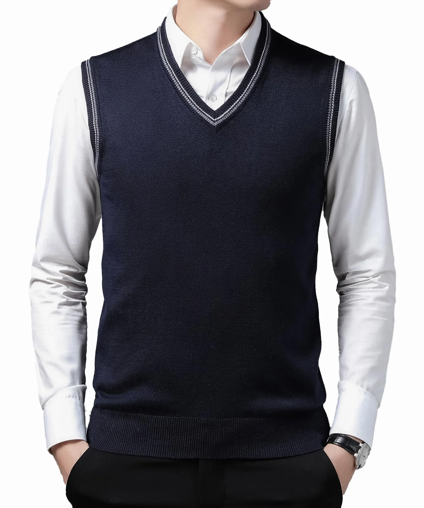Hombres Cuello en V Chaleco sin Mangas Clásico Negocio de Punto Chalecos Sólido Liso Slim Fit Todos los Partidos Suéter Camisetas Otoño Invierno Casual Pullover Chaleco de Punto Cardigans