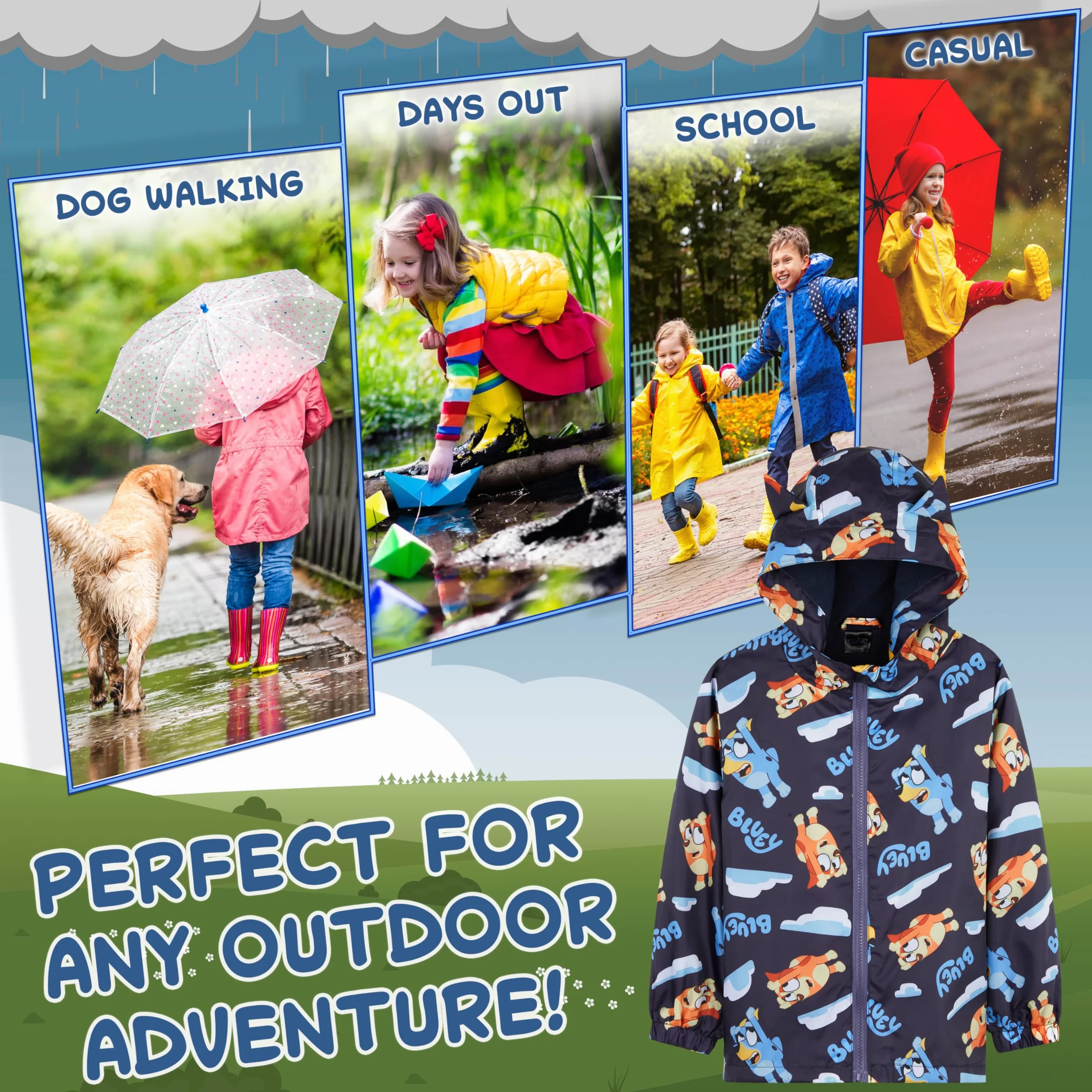 Bluey Chubasquero para Niñas, Poncho Impermeable con Capucha y Bolsillos