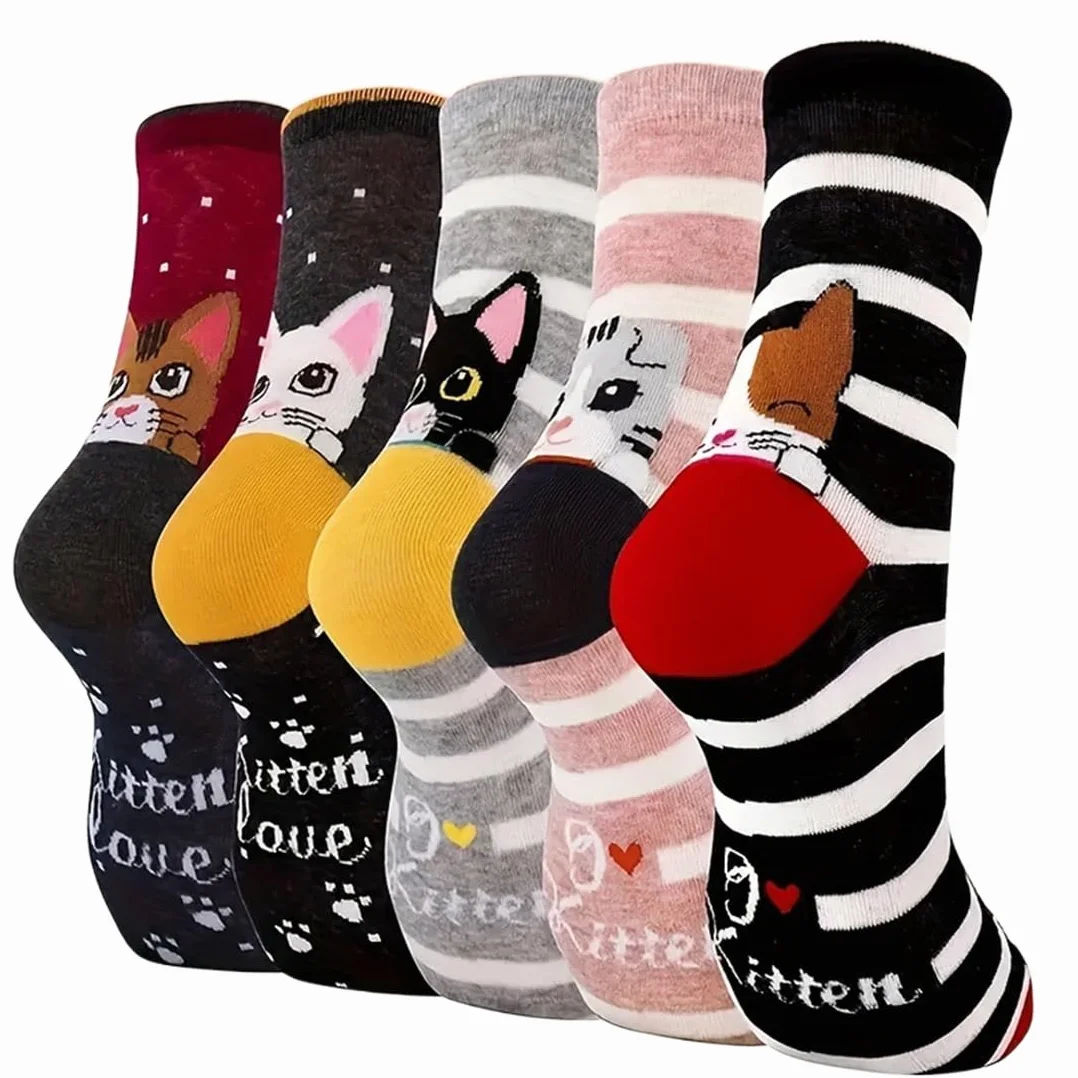 5 Pares Calcetines Niña Divertidos De Algodón, Calcetines Antideslizantes Divertidos: Algodón Coloridos Estampado De Animales De Dibujos Animados Termicos Calcetines, Tallas 35-39