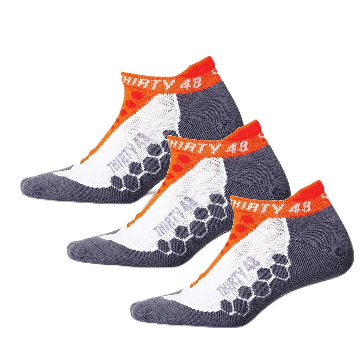 Calcetines para correr de Thirty48, Ru Series – 3-Unidades - Naranja/Gris – Unisex – Múltiple acolchado para protección extra – CatalystAF™ Diseño, Incrementa Airflow – COOLMAX® Material resistente, Mantiene tus pies frescos y secos – Empaquetado USA