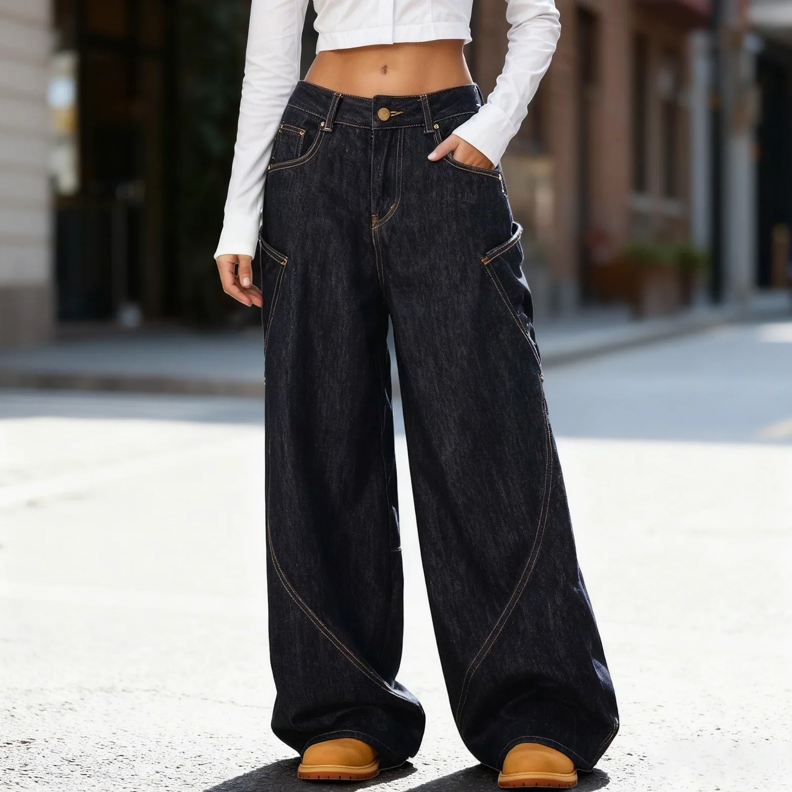Pantalones de Trabajo Mujer, Pantalon Chandal Mujer, Pantalón Vaqueros Urbanos con Diseño Único de Pierna Acampanada Curva y Corte Holgado hasta el Suelo Joggers Pantalon