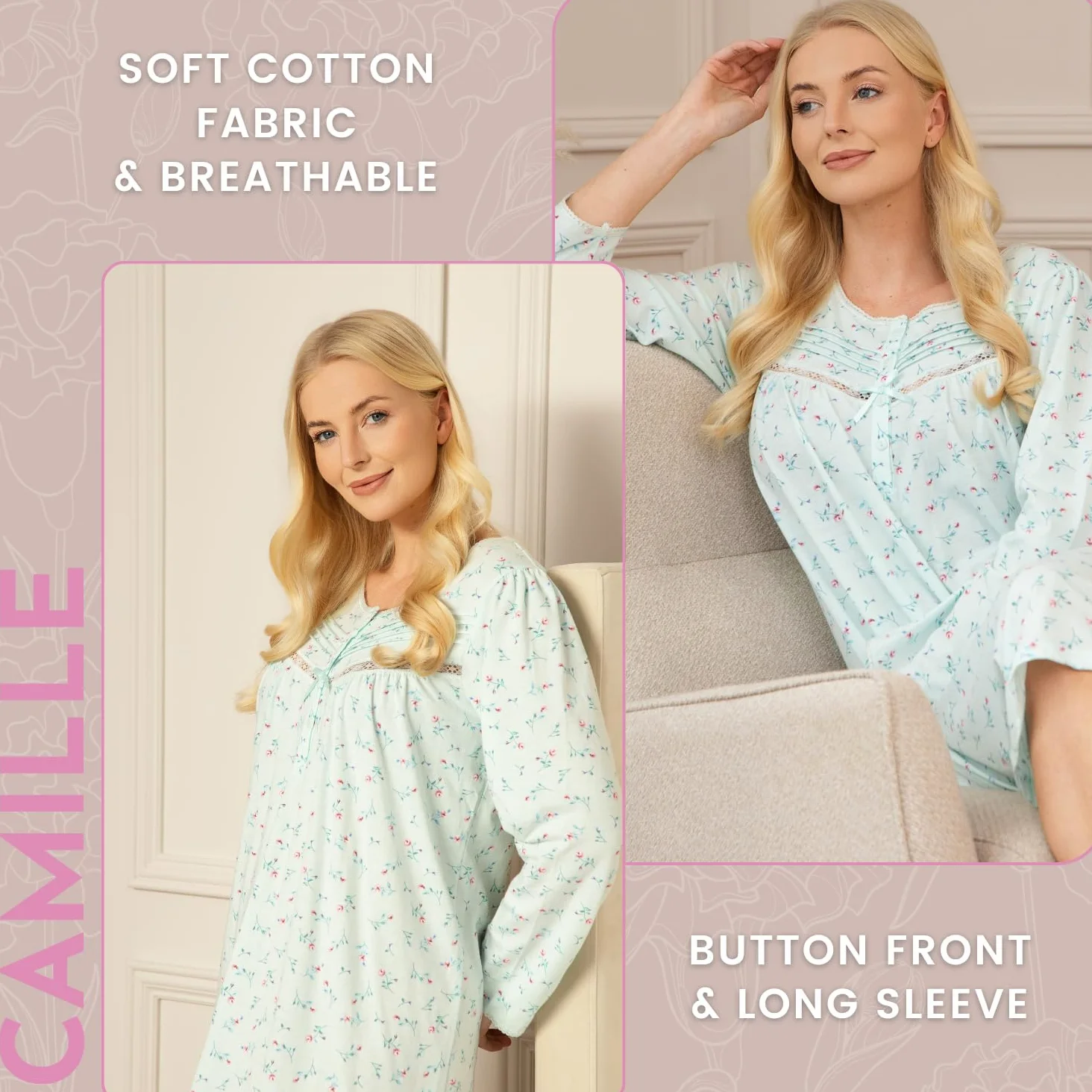Camille Camisón de Manga Larga para Mujer, diseño Floral, clásico, Suave, camisón de Jersey con Cierre de botón de Cuello Redondo