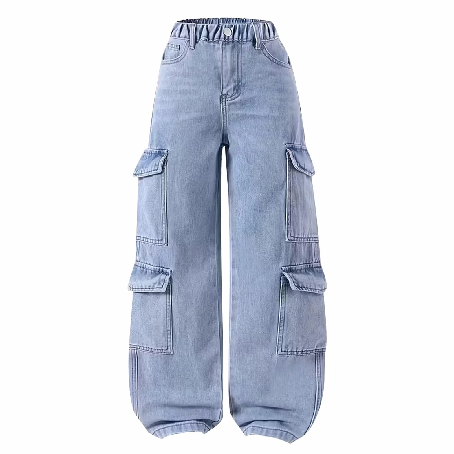 Jeans cargo para niñas, holgados, de pierna ancha, vintage, pantalones de mezclilla casuales para adolescentes, ropa de calle, pantalones elásticos de cintura alta y ajuste relajado