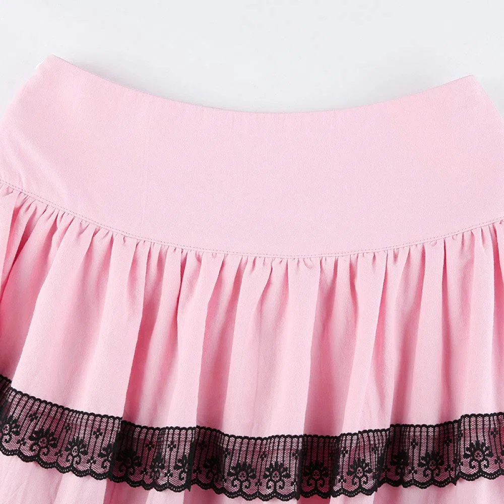 Falda Mujer Mini,Falda Acampanada De Cintura Alta Rosa Doble Capa Patchwork Encaje Kawaii Verano Plisado Falda Corta Dulce Linda con Cremallera para Niñas Damas Playa Fecha De Vacaciones Fiesta