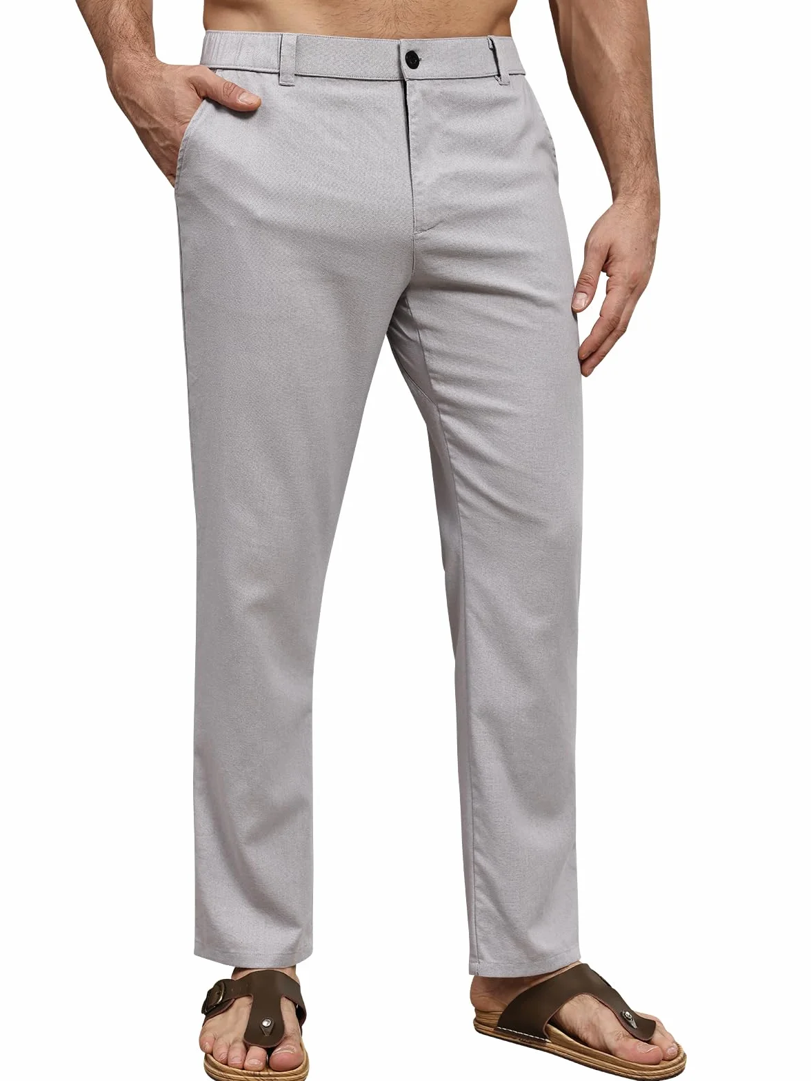 Suwangi Hombre Pantalones de Casuales Pantalones Largos Verano Ligeros Pantalon Lino Mezclar Cintura Elástica con Bolsillos