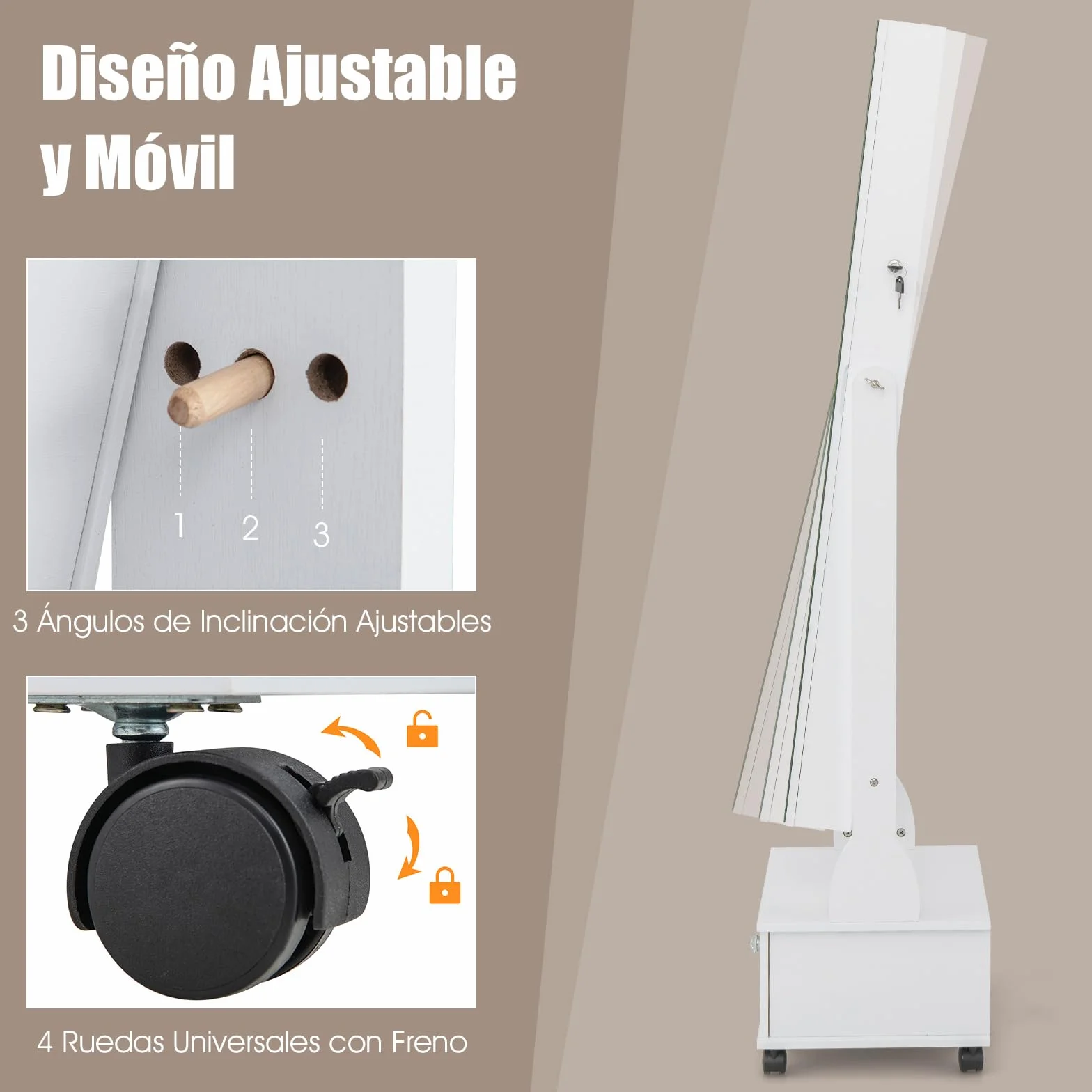 COSTWAY Armario para Joyas, Espejo Joyero de Pie Con Luces LED de 3 Colores, Espejo de Pie Cuerpo Entero con Cerradura, Cajón y 4 ruedas, Almacenamiento de Joyas Con Espejo de Maquillaje (Blanco)