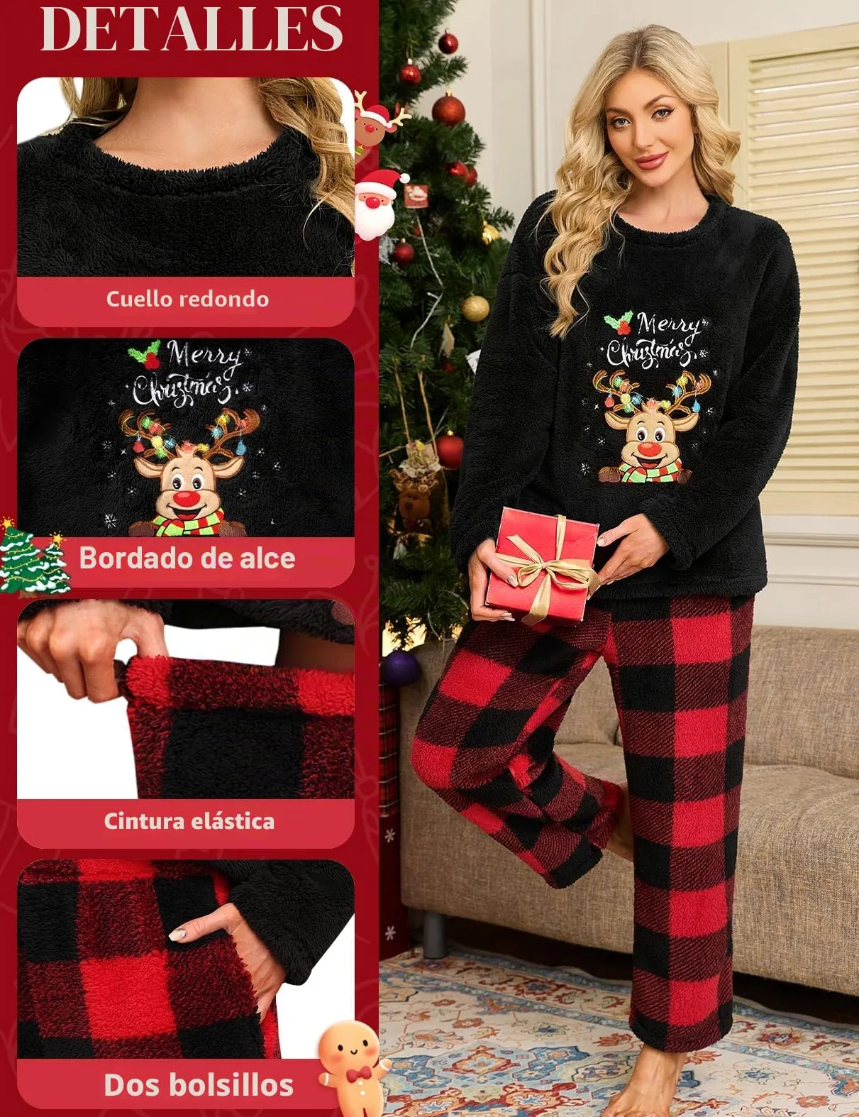 UMIPUBO Pijama Mujer Invierno Navidad Polar Manga Larga y Pantalón Largo con Bolsillo Franela 2 Piezas Conjunto de Pijama Navideños Calentito Cuadros Ropa de Dormir Suave Plaid Pijamas