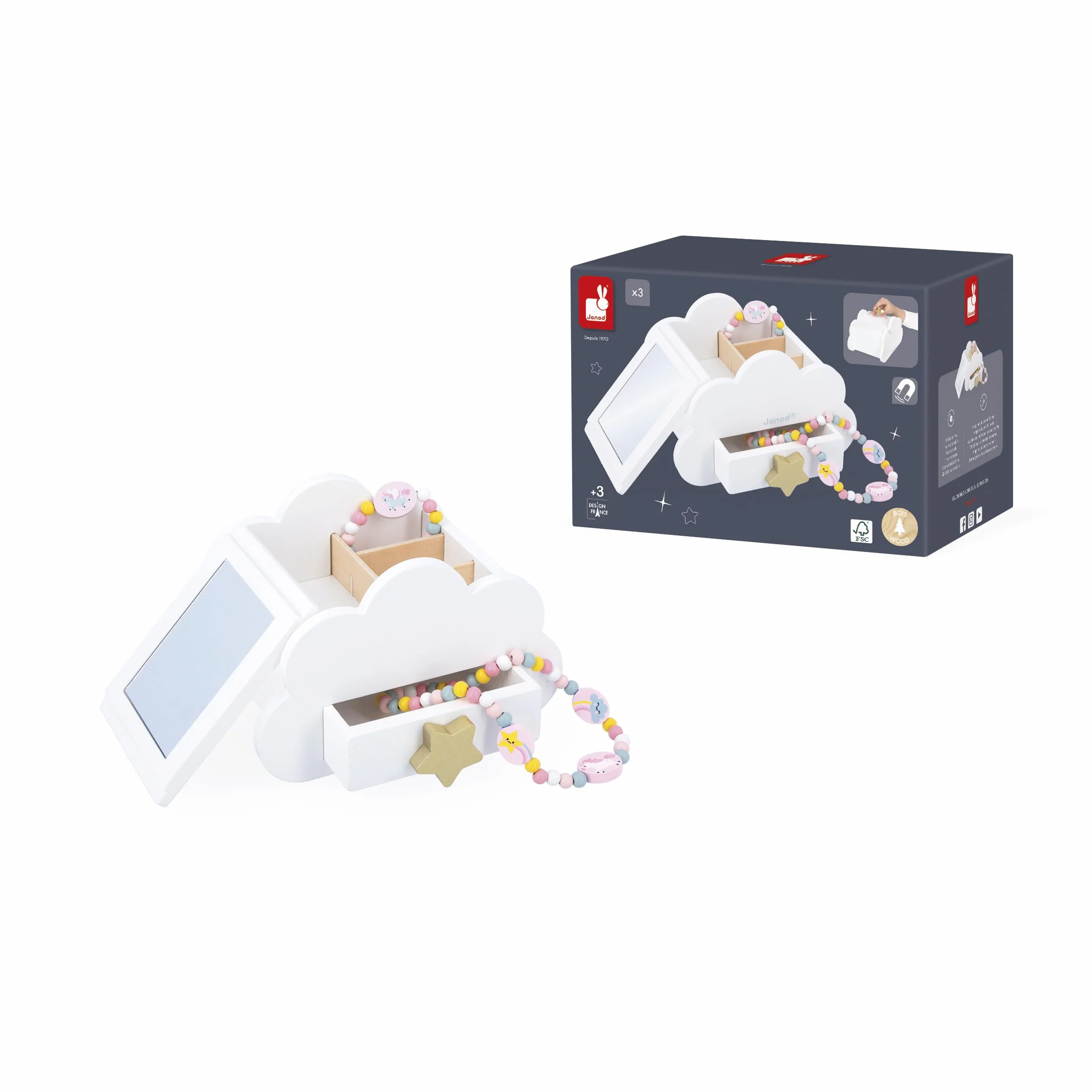 Janod Joyero con Aberturas Secretas - 1 Pulsera Unicornio y 1 Collie Unicornio - Cajón y Espejo - 17cm x 11cm - Regalo Cumpleaños 3 Años
