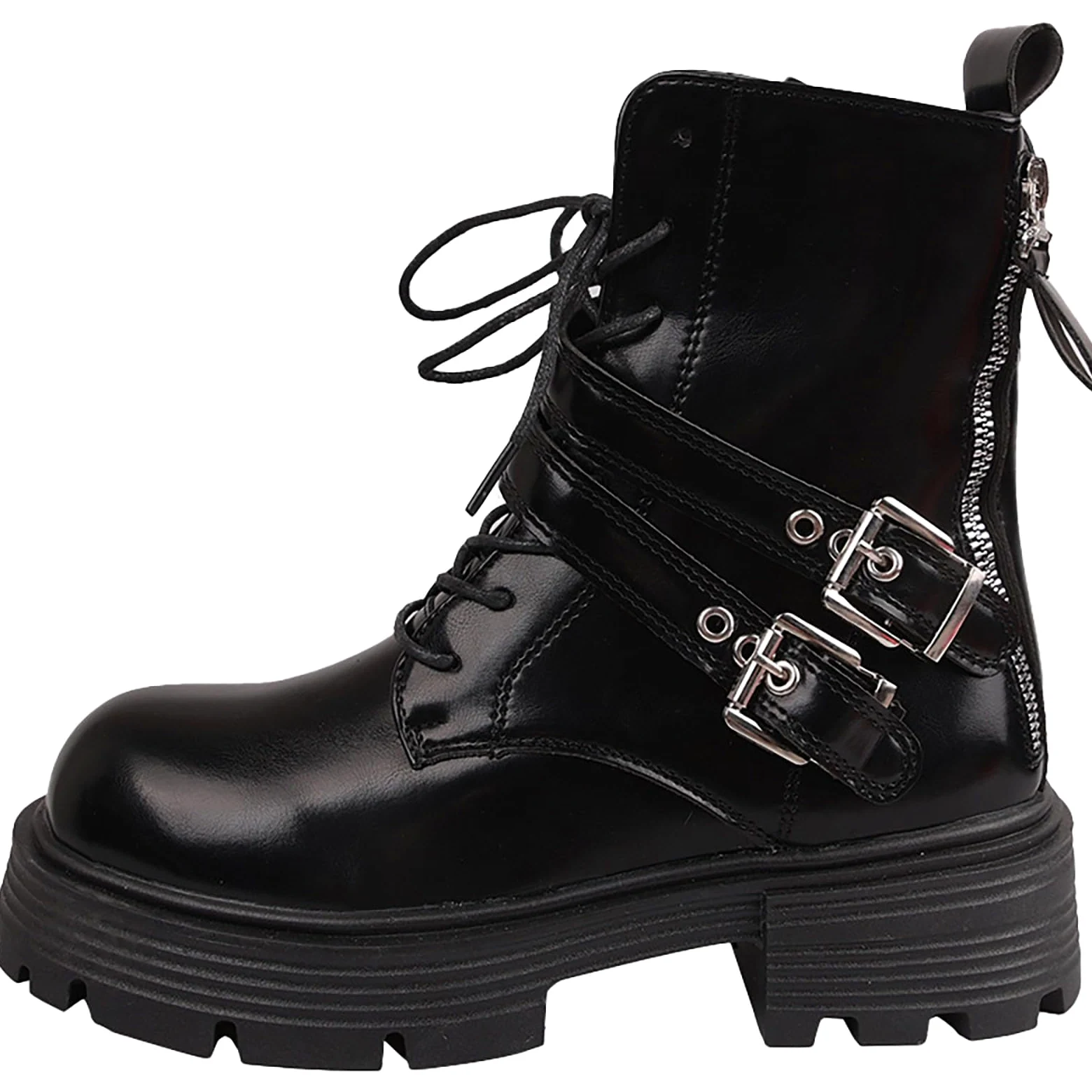 Generisch Botas de mujer de color liso con cremallera lateral y hebilla de cinturón y botas de plataforma con cordones, zapatos de mujer de invierno
