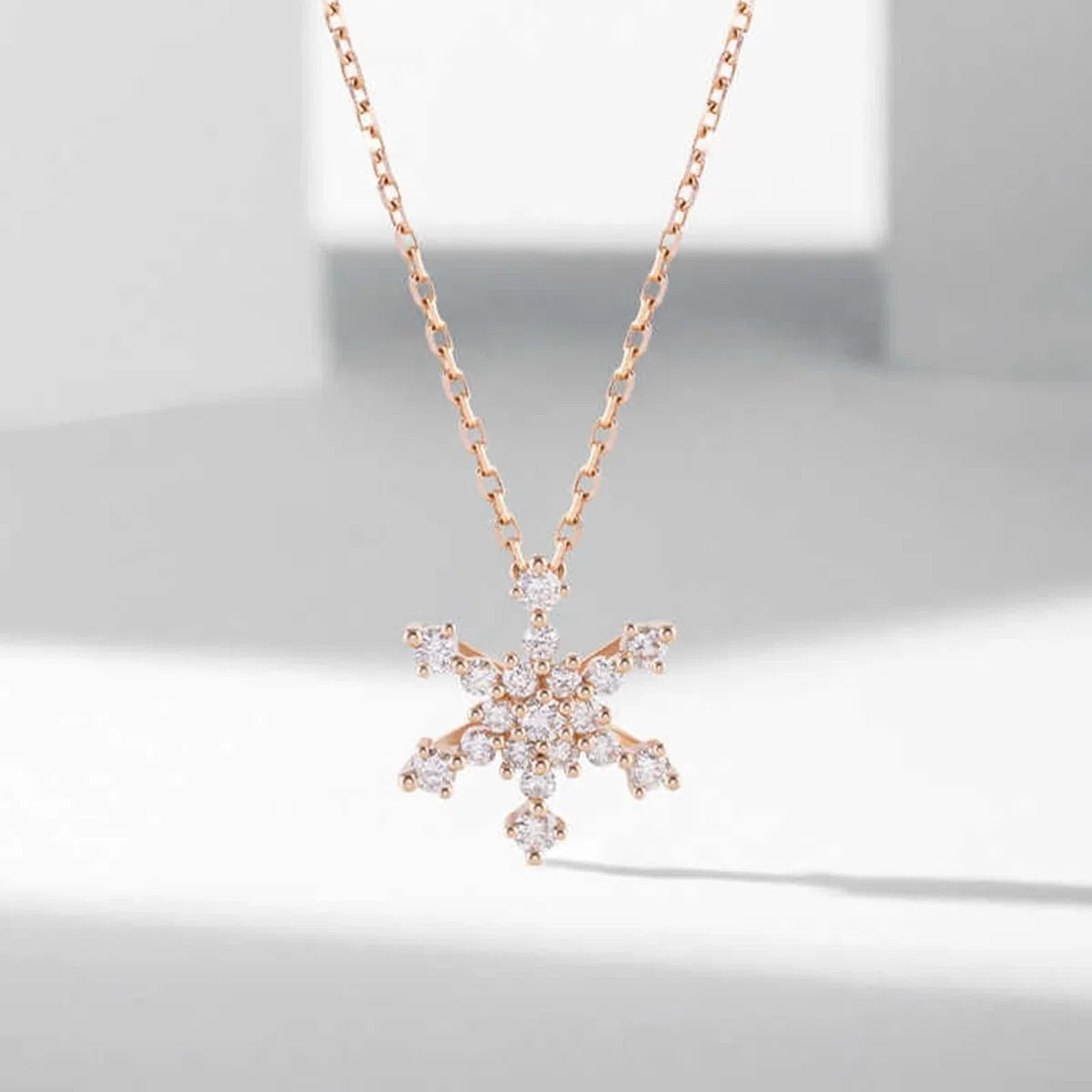 Collar con colgante para mujer, cadena de diamante, copo de nieve, oro rosa real de 9 K, 14 y 18 quilates