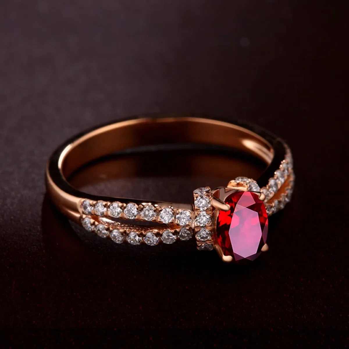 Anillo de mujer vintage, anillos de mujer de oro rosa de 18 quilates de 0,57 ct con diamante y rubí redondos de dos hilos rojos, ovalado, alianzas de compromiso para mujer