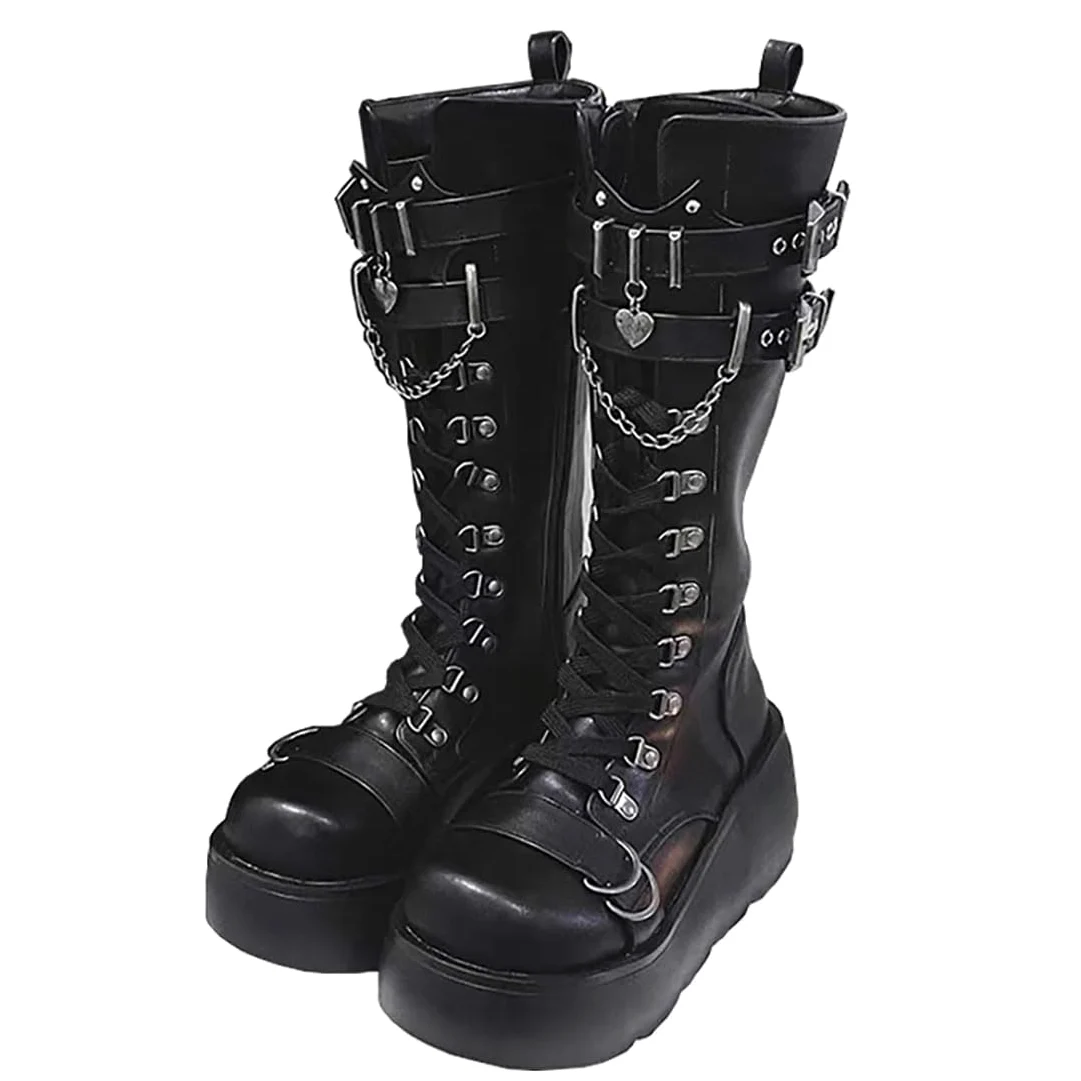 Botines góticos para mujer con plataforma y hebillas de murciélago, tacones gruesos, punta redonda, cremallera, botas de combate punk para motocicleta, cómodos botines góticos cortos