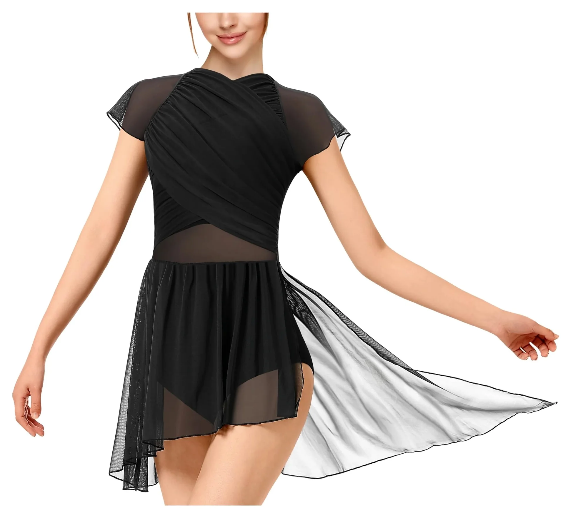 Vestido de Patinaje Artístico Vestido de baile for mujer, malla con mangas onduladas y falda, traje lírico, espalda hueca con efecto gota de agua
