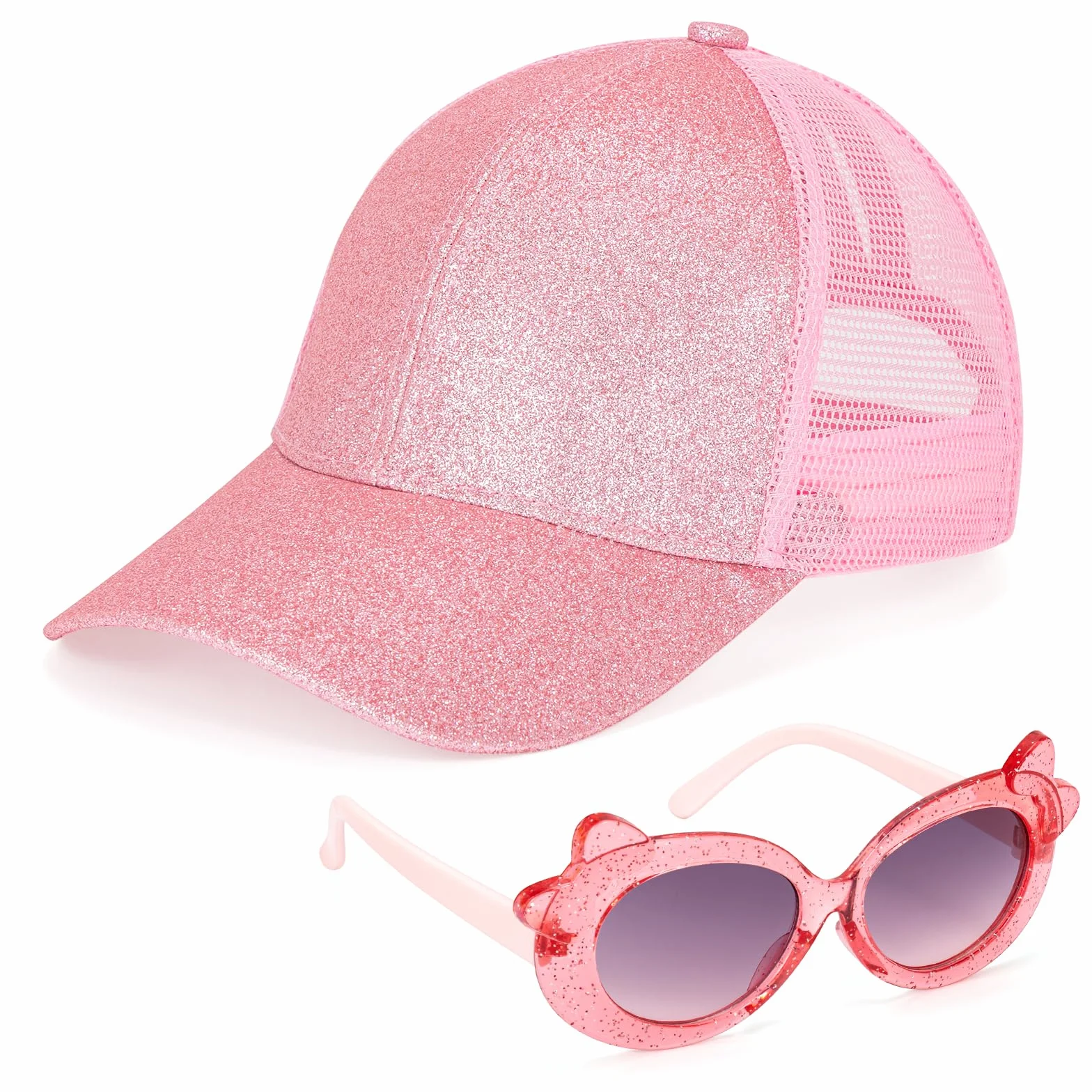 Gorra de Béisbol para Niña Cola de Caballo Ajustable Malla Gafas de Sol Verano Purpurina Rosa