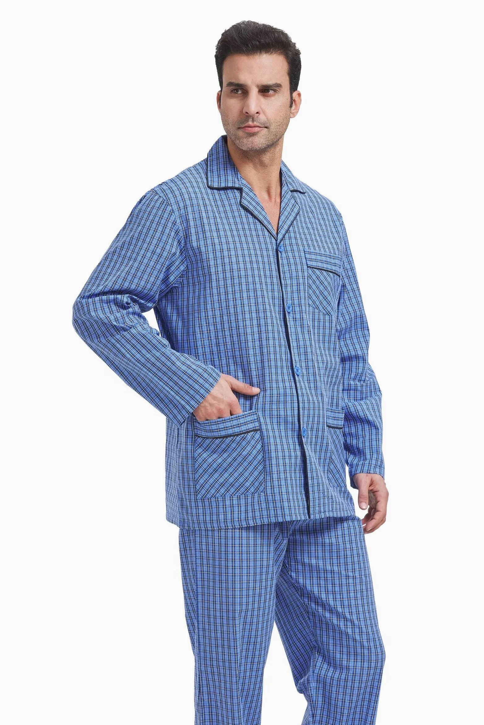 GLOBAL Pijamas Hombre Largos Pantalones Ropa de Dormir Conjunto de Algodón Pijama para Hombre con Bolsillos y Cordón
