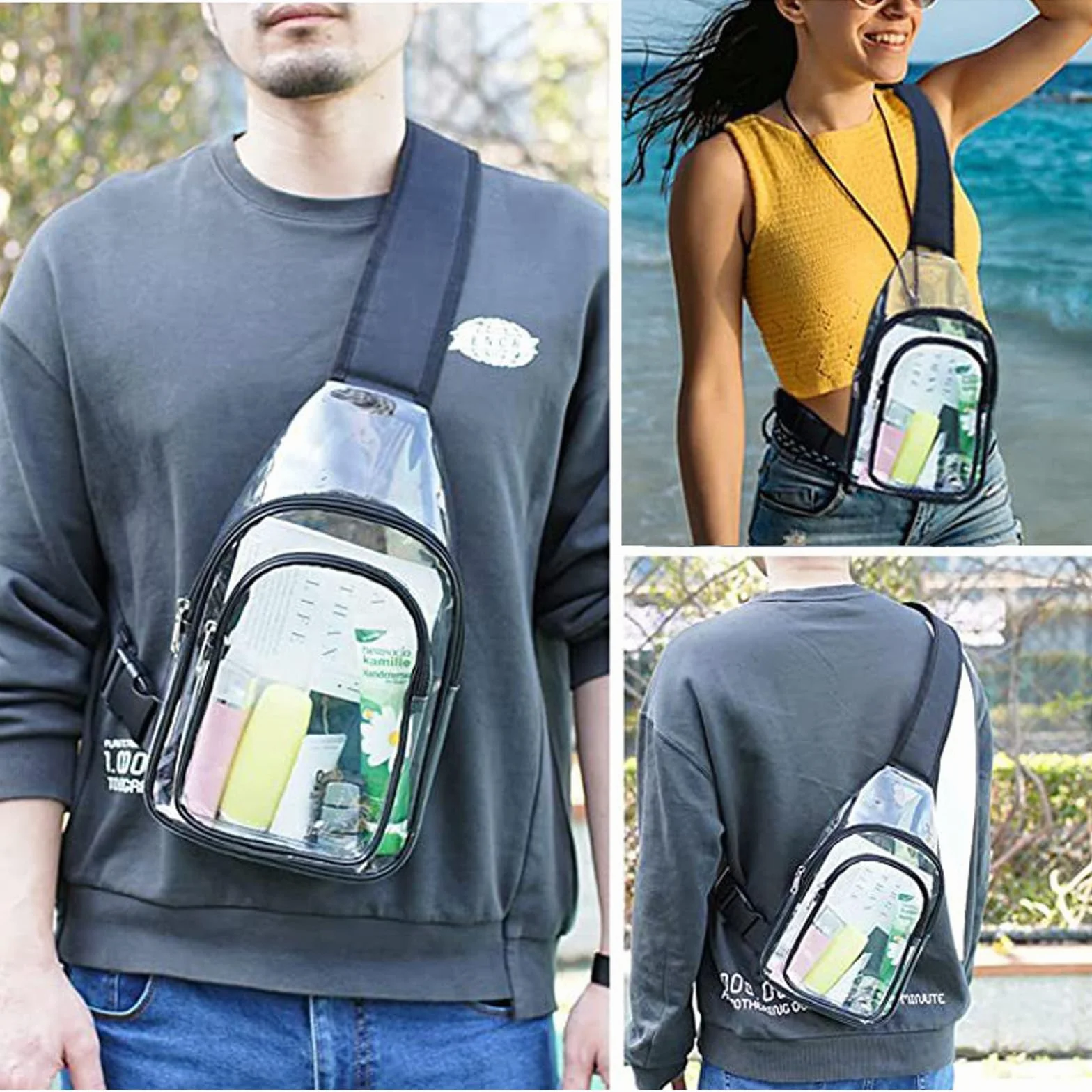Bolsa de Pecho Transparente de PVC, Aprobado por Estadios Bolso Bandolera Hombre, Bolso Transparente Mujer con Correa Ajustable, Riñonera Resistente Al Aguariñonera para Conciertos Viajes