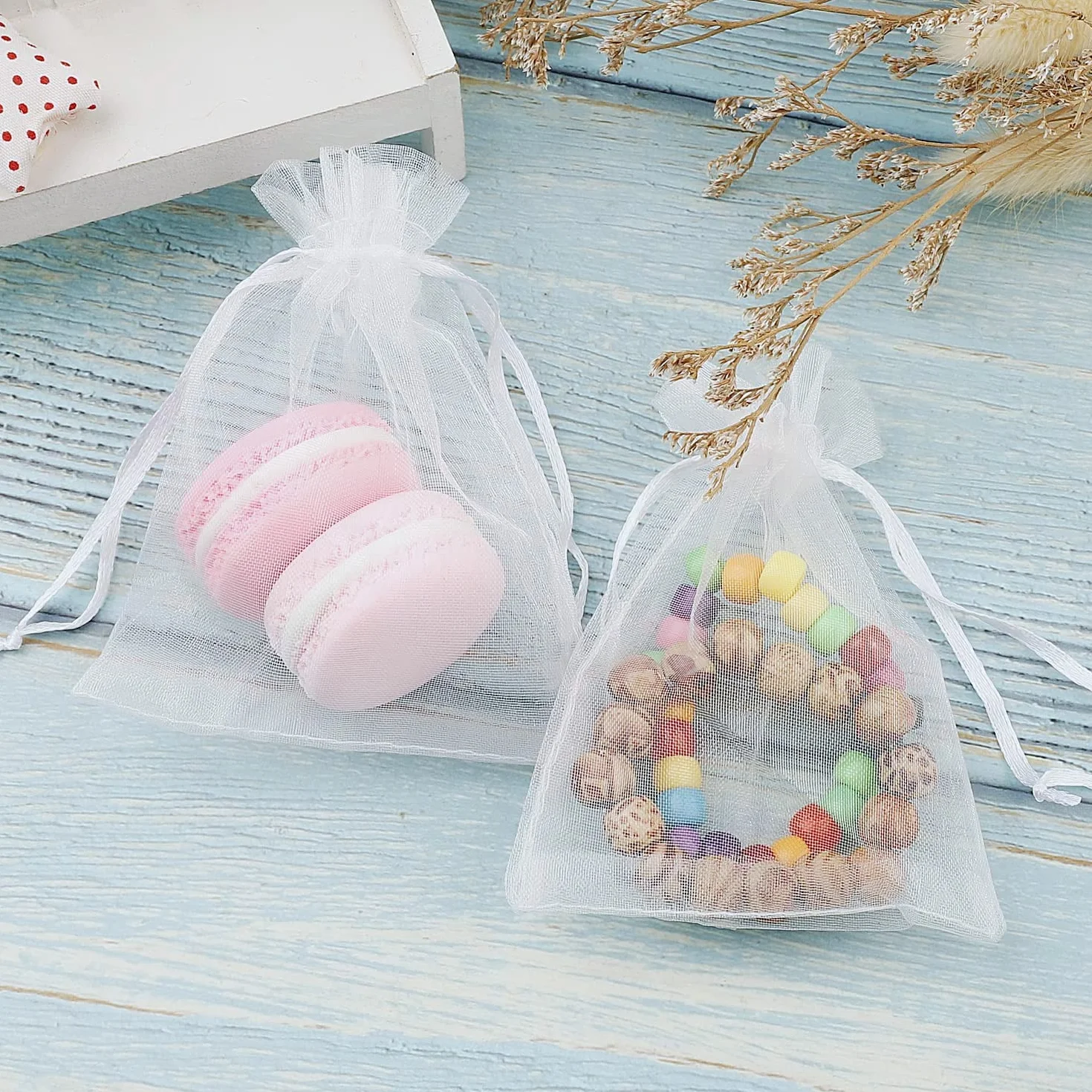 50 bolsas de organza blancas, 9 x 12 cm, de organza, regalo, joyas, bodas, caramelos, con cordón de satén, para festivales, fiestas y bodas