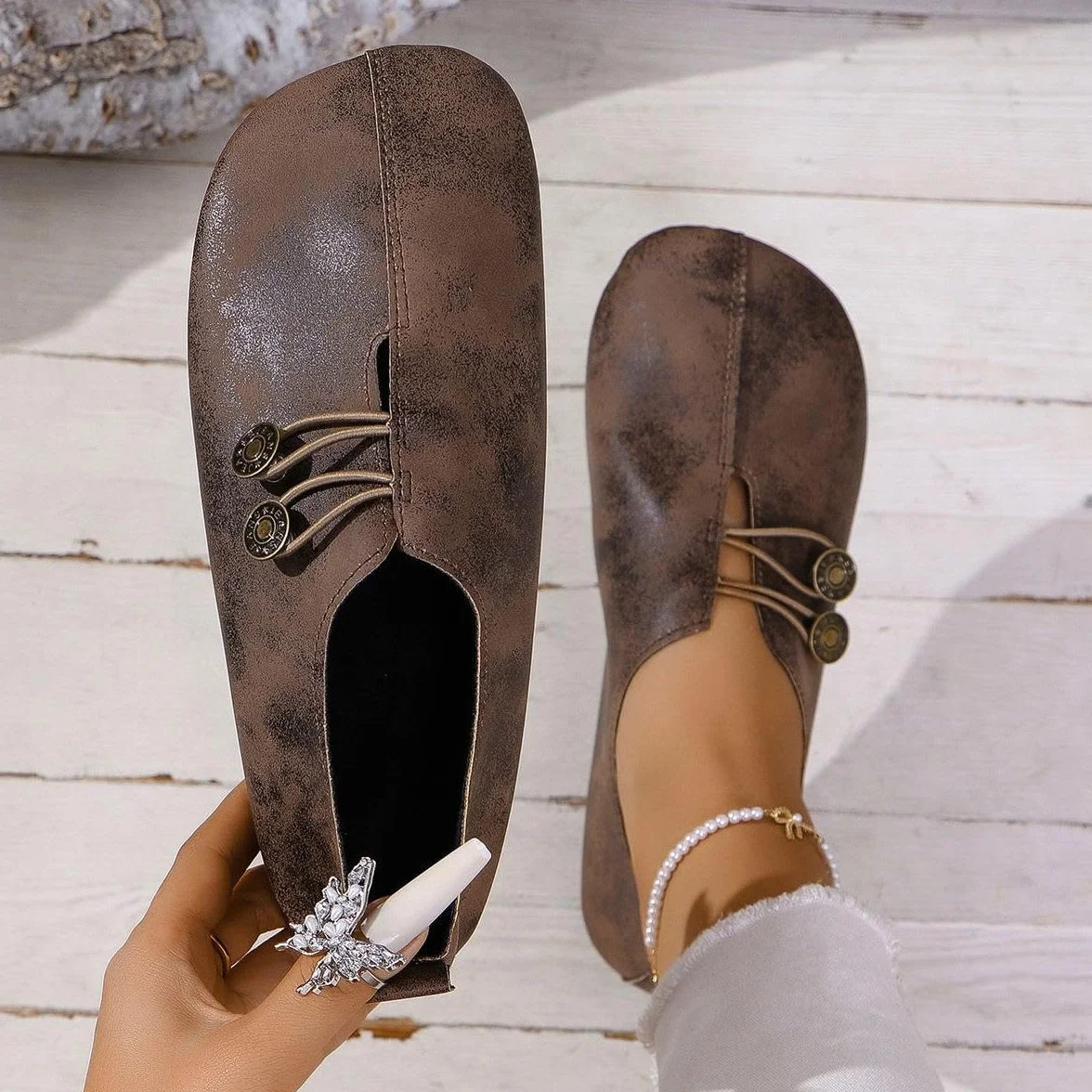 Zapatos ortopédicos suaves y flexibles, mocasines retro de ajuste ancho para mujer, ligeros, cómodos, ortopédicos, de gamuza de ballet, sin cordones, zapatos planos elásticos con botones para mujer