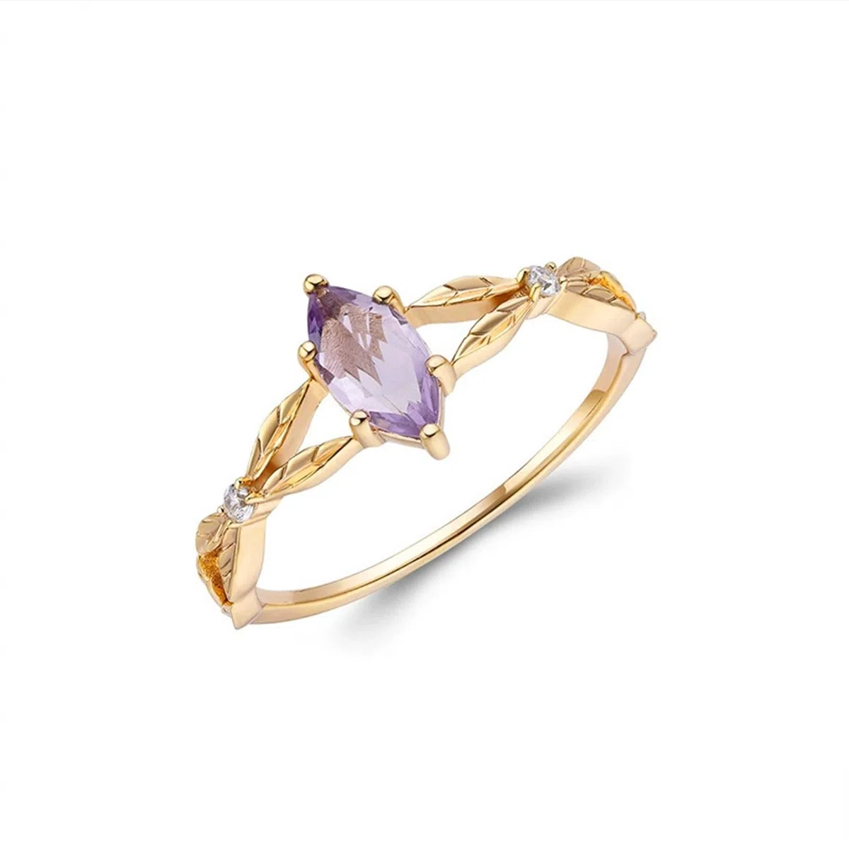 Anillo de boda de oro amarillo Au 375/585/750 con amatista marquesa en 6 garras