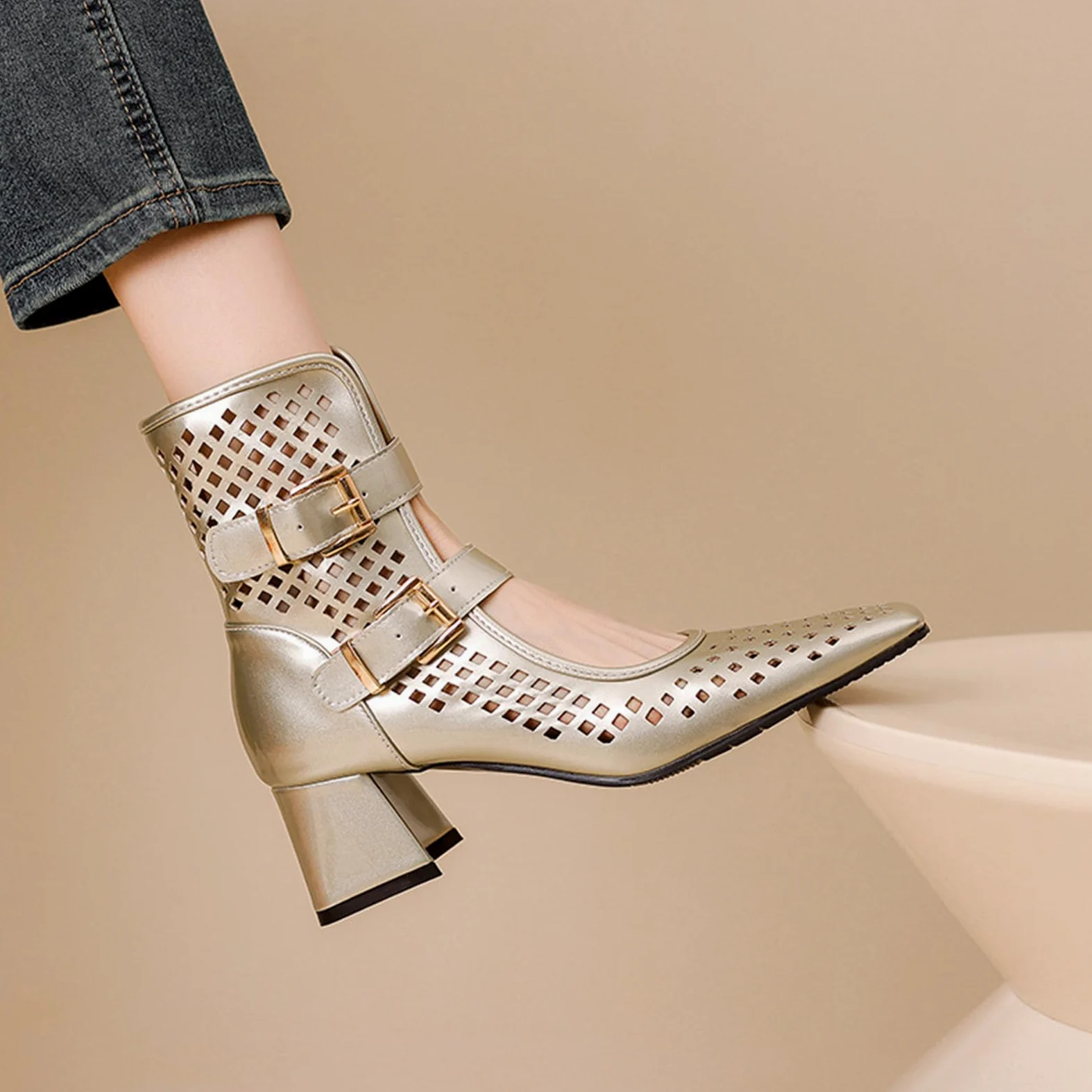 Genérico Mujer Zapatos de Tacón 6 CM Sexy Calados Punta cuadrada Tacón grueso Botines Elegantes para Fiestas y Bodas