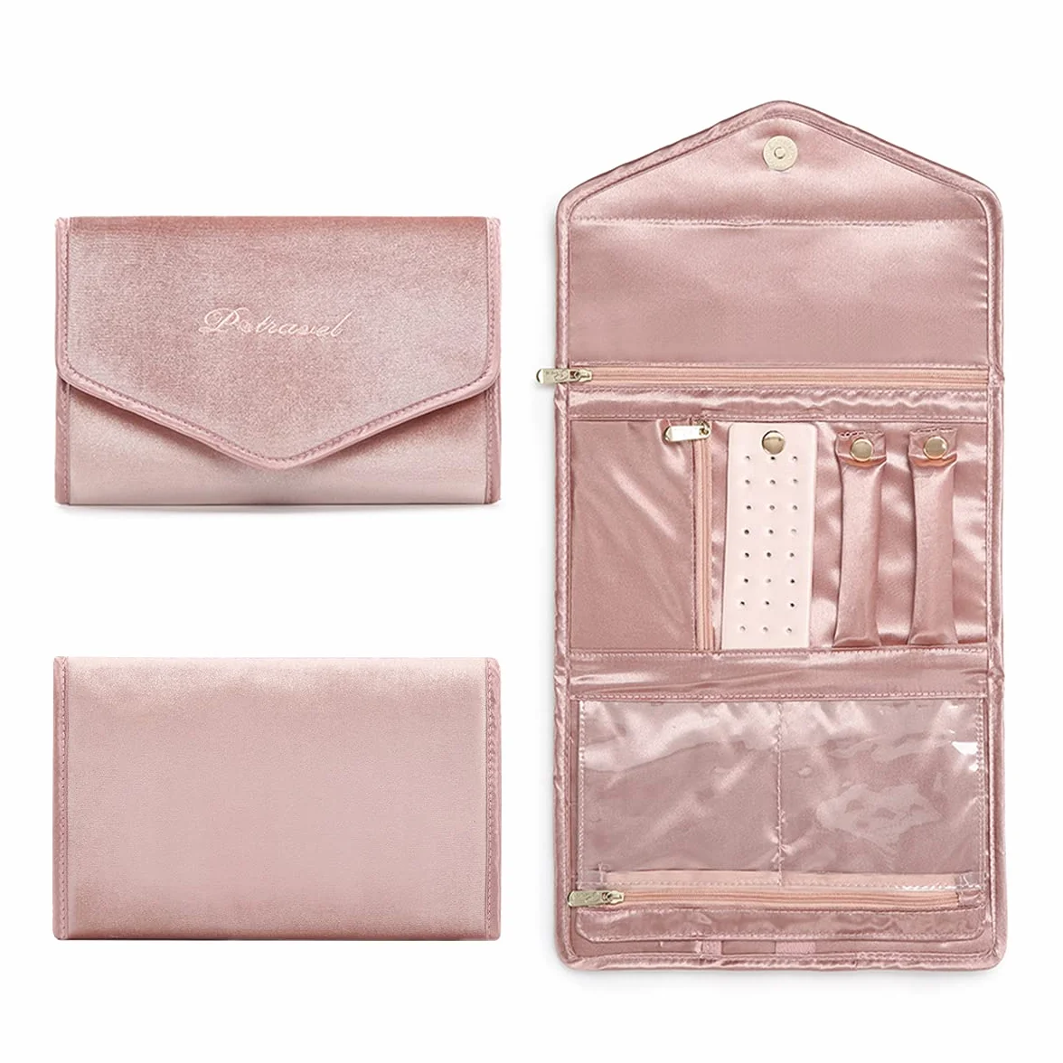 Bolsa de Rollo de Joyería, Organizador de Joyas Terciopelo Estuche Joyas Bolsas Viaje para Collares, Pulseras, Pendientes, Anillos, Relojes - Rosa …