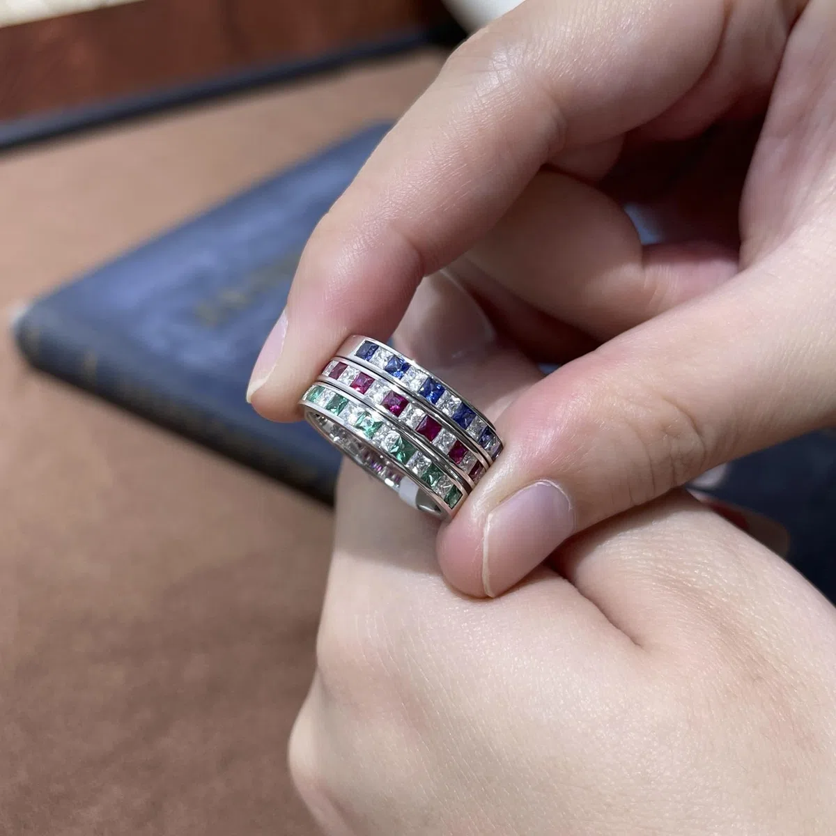 Anillo de boda de oro blanco, media eternidad, piedras preciosas, anillos de boda de oro real para mujer