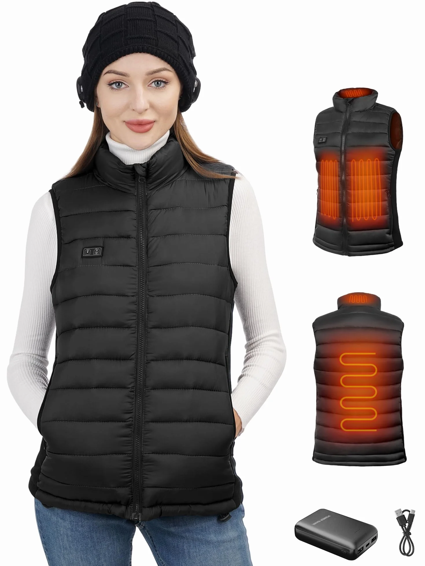Chaleco calefactable mujer 10000mAh 3 niveles calor 4 zonas sin mangas