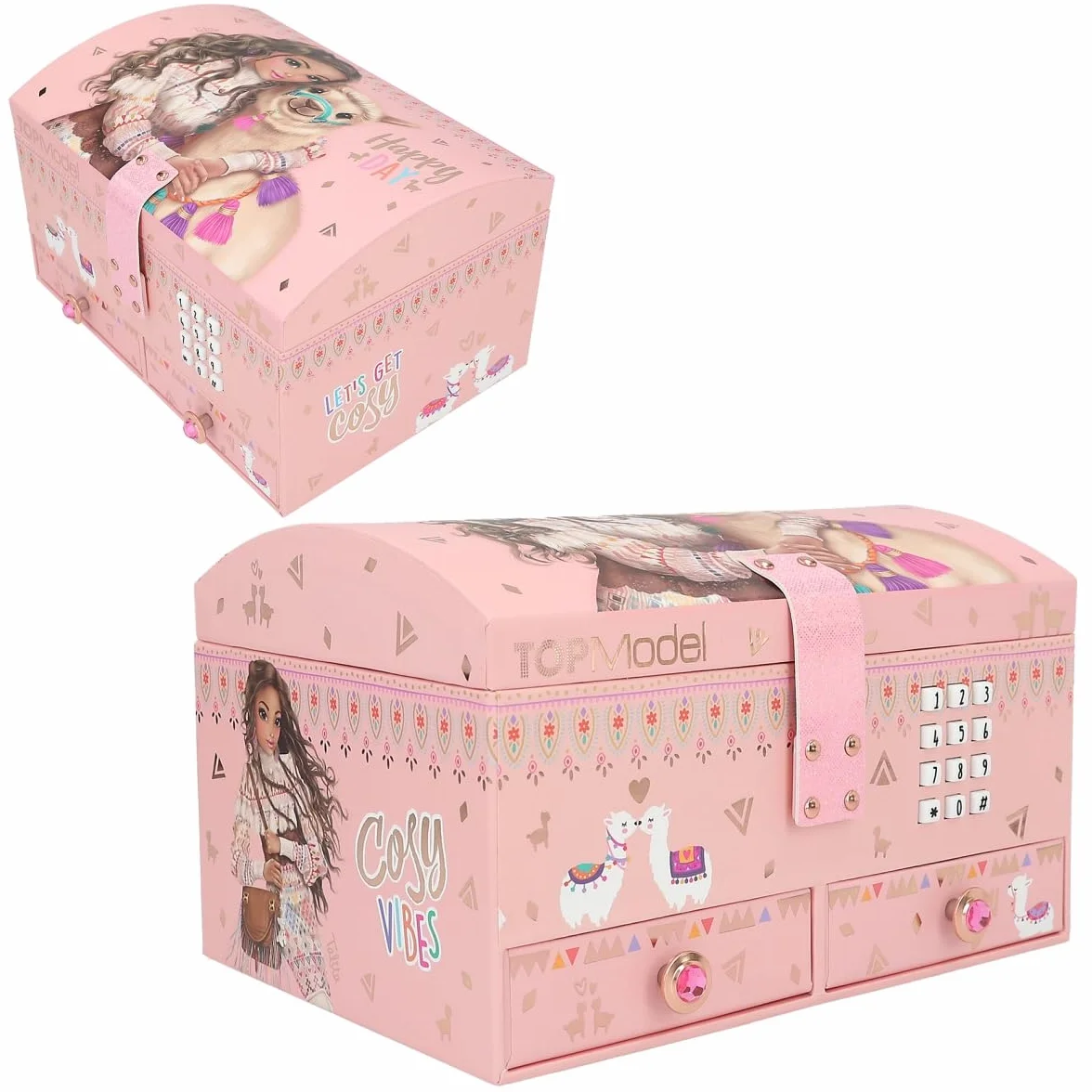 Depesche TOPModel Cosy-Pequeño Rosa Joyero con Motivo de Alpaca y Modelo, Abre con Código de Sonido, Espejo Tapa abatible Multicolor