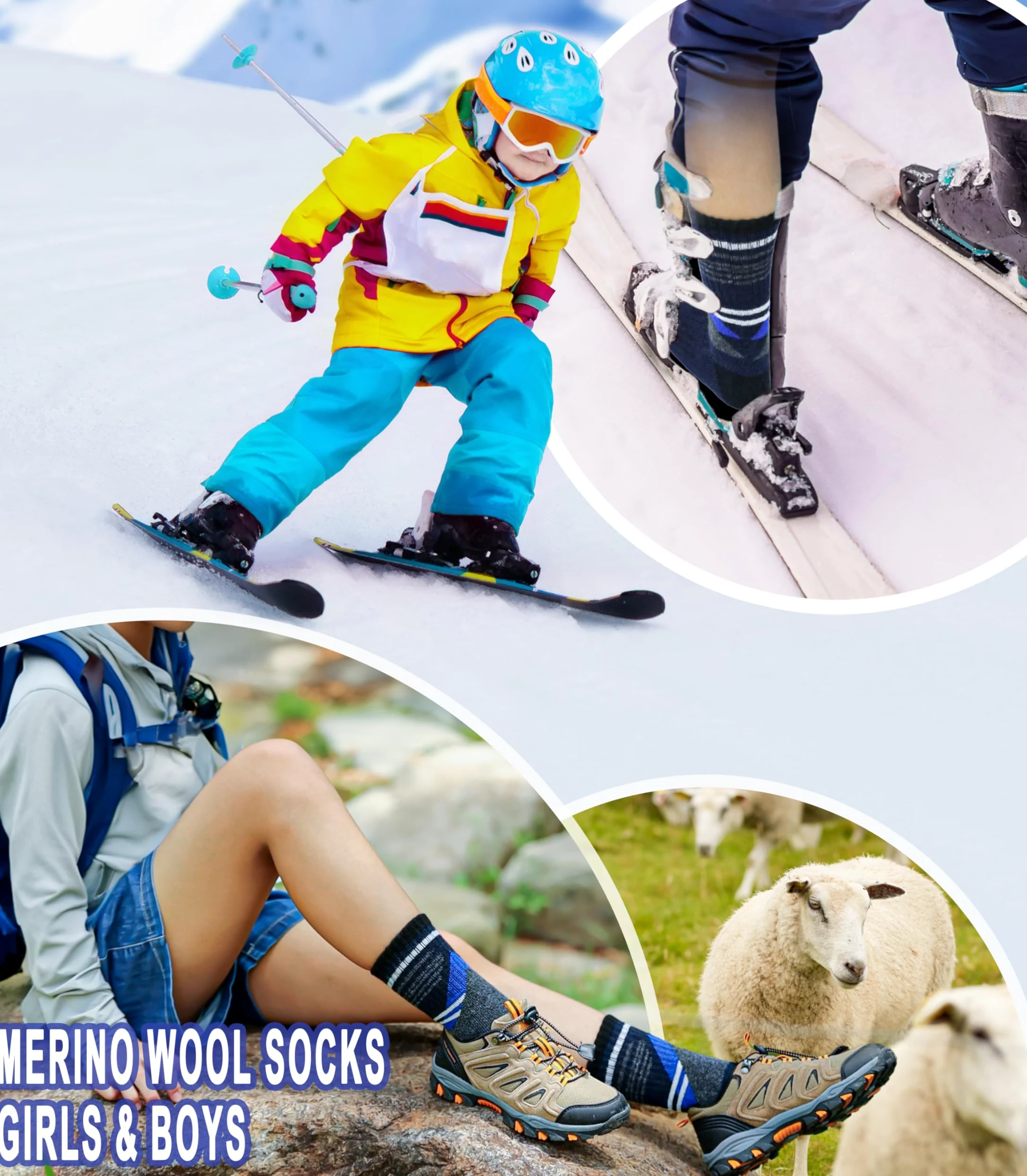 Yebing Calcetines de senderismo de lana merino para niños y niñas, cálidos, térmicos, gruesos, acolchados, calcetines de regalo, 6 pares