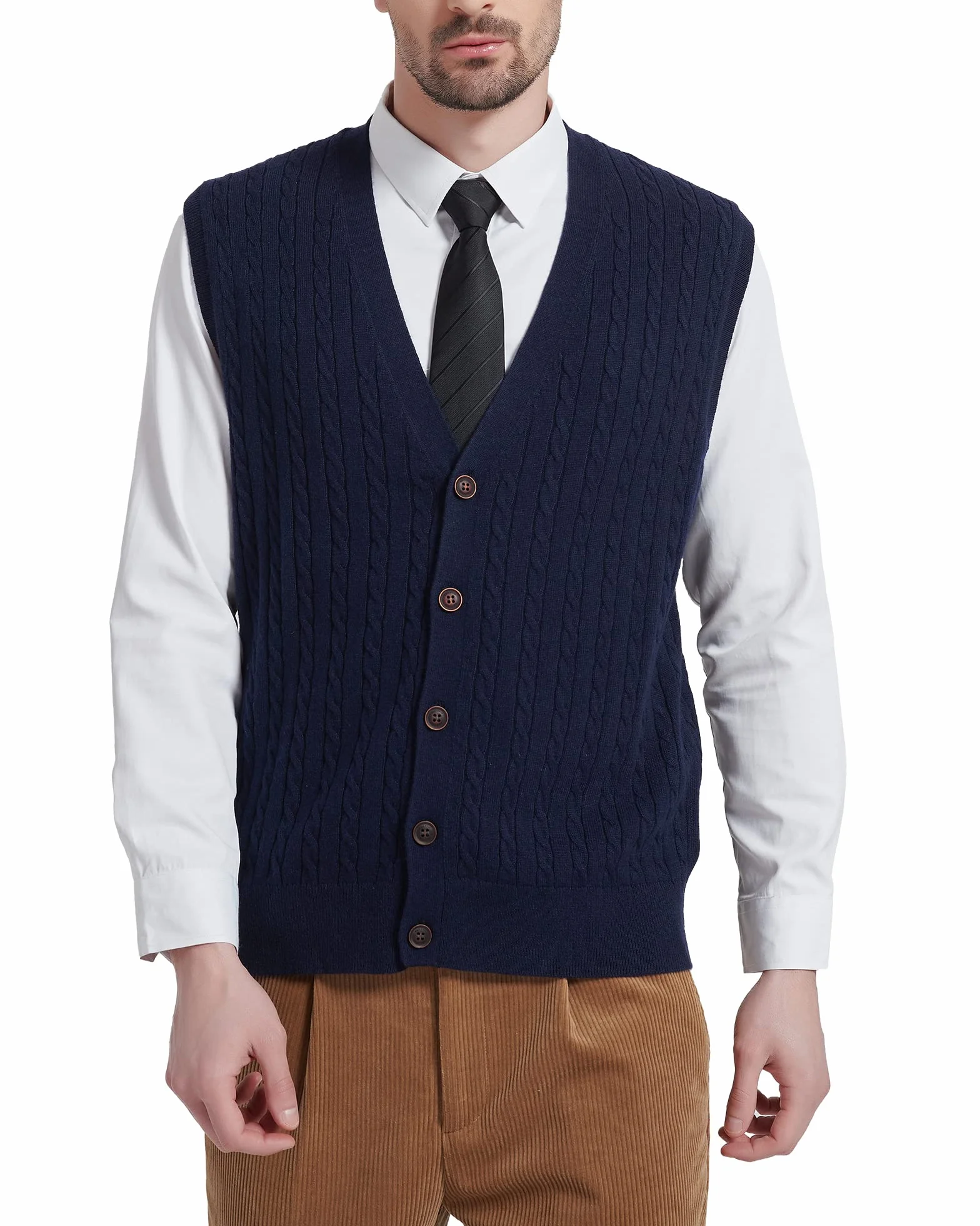 Kallspin Hombres de Lana Blend Chalecos Suéter V Cuello de Punto de Cable sin Mangas de Tejido Tricotado Botón Cardigan