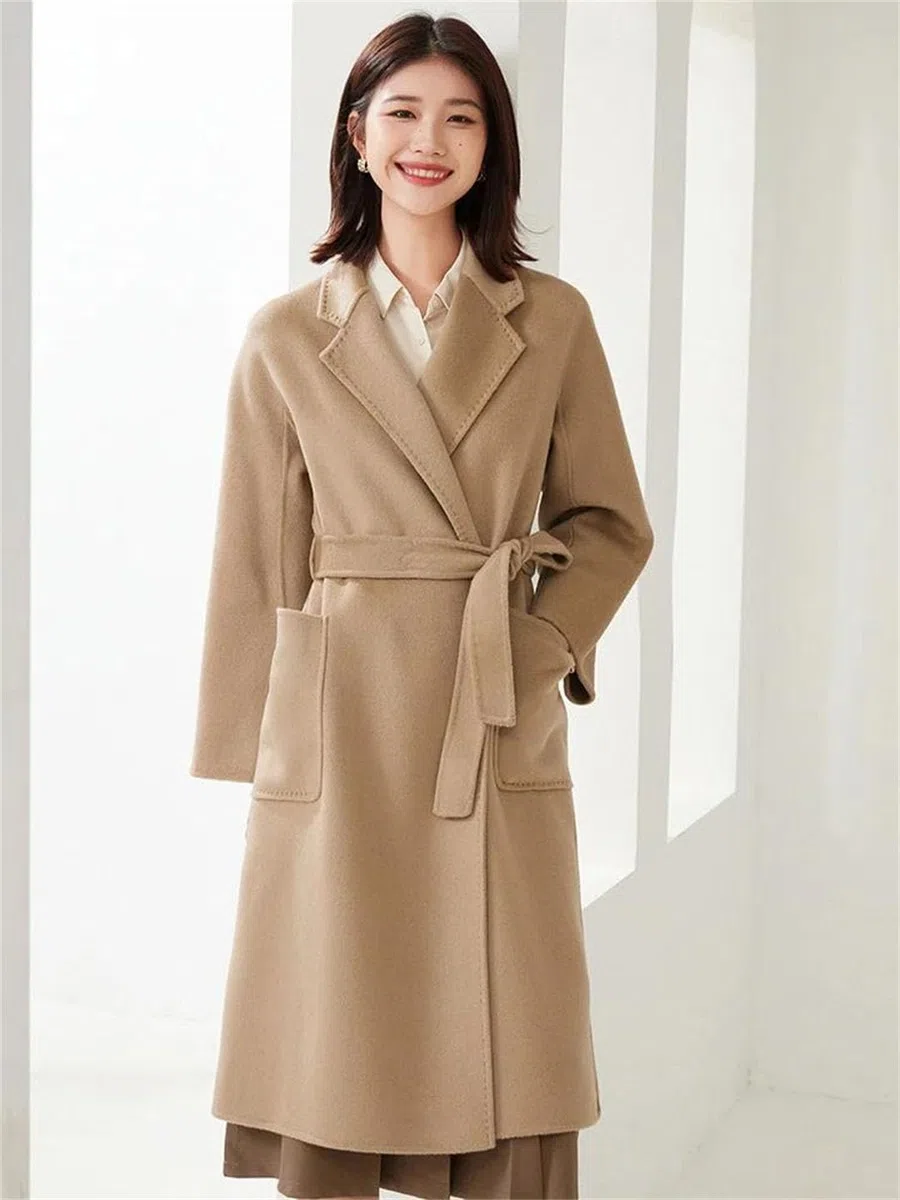 Abrigo largo de cachemira con bolsillo grande para mujer, abrigo de lana cálido salvaje, abrigo de lana qiantuo, talla M, qiantuo, M