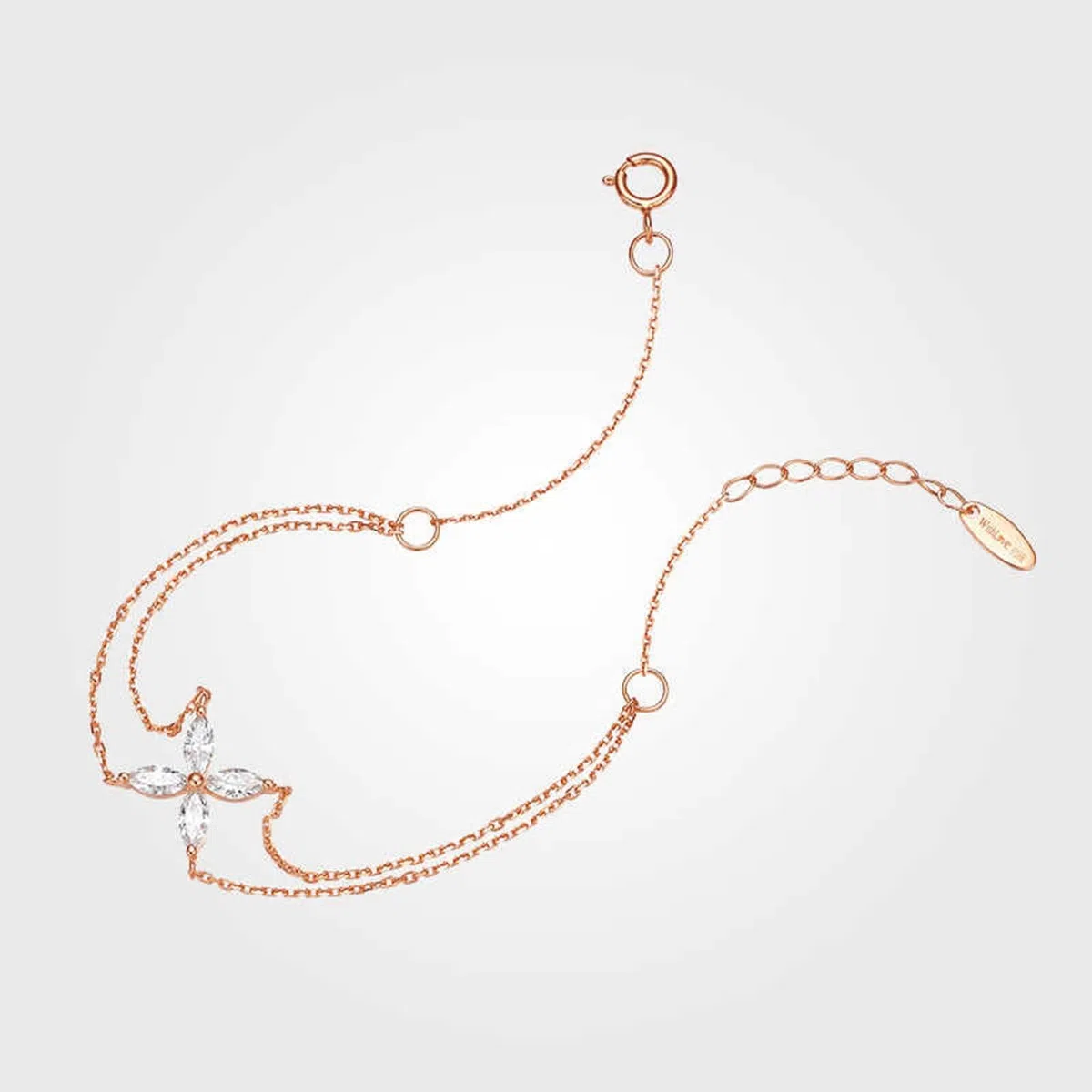 Pulseras Oro Rosa 9K / 14K / 18K Mujer, Cadena Doble Capa con Diamante, Cadena Extensible 16 CM + 5 CM, Pulseras Ajustable Mujer de Oro Rosa