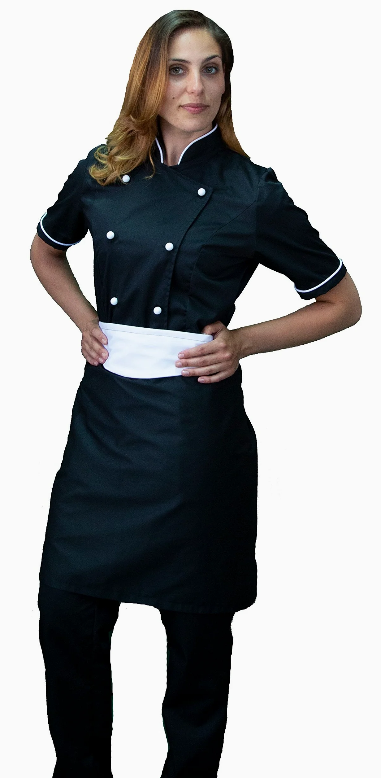 Bordado gratis - Conjunto de cocinero para mujer, negro y blanco, uniforme de cocinero personalizable, M/C, chaqueta, pantalones y delantal - Uniforme para cocina y restaurante - Made
