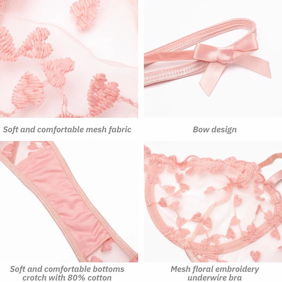 Conjunto de lencería Sexy de 2 Piezas para Mujer con Bordado Floral de corazón, Sujetador con Aros de Media Copa y Tanga, Sujetador Transparente de Malla para Mujer, Tanga a Juego, Bragas, Conjuntos