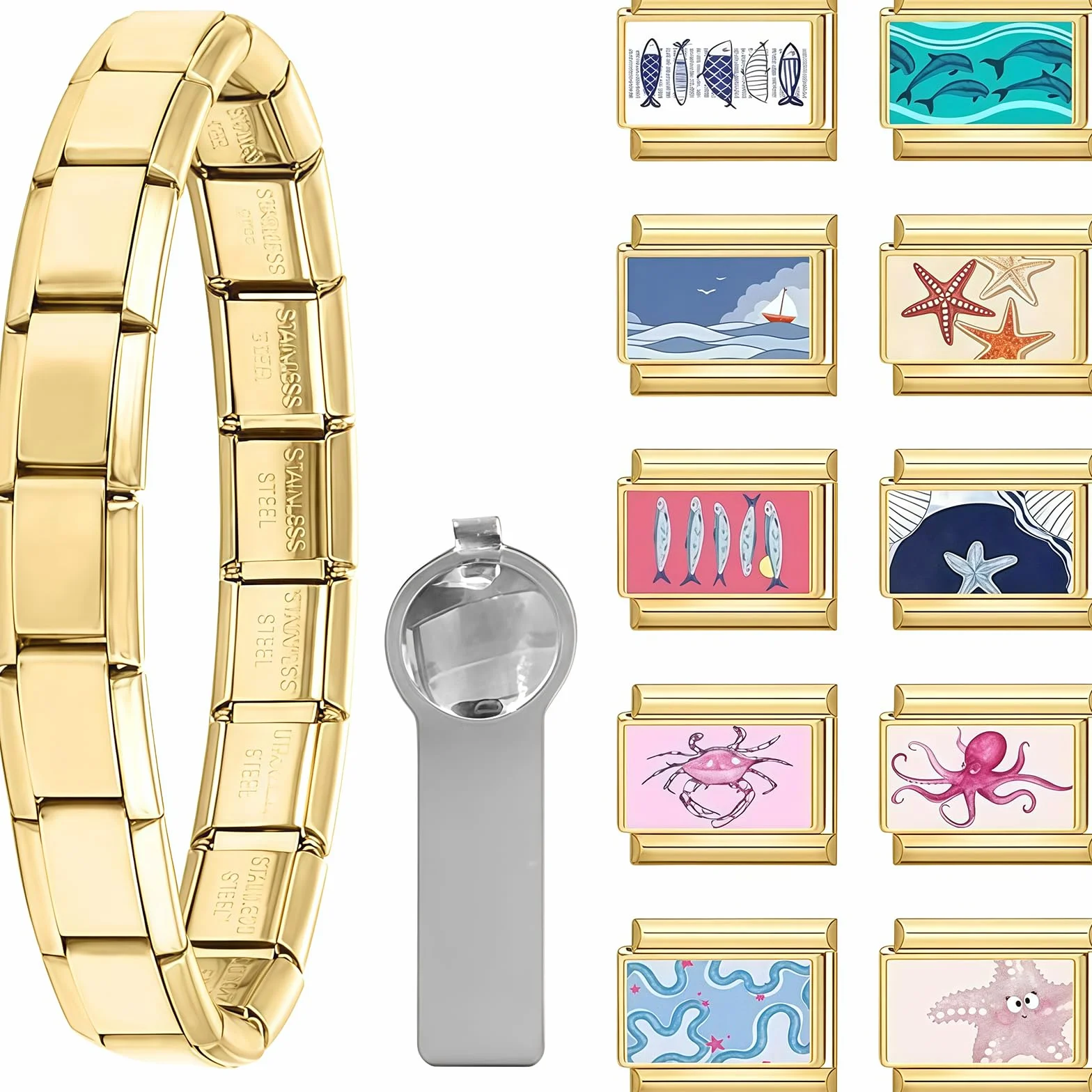 Pulsera Italiana de Encantos Conjunto de Brazalete Dorado con 1 Pulsera Inicial, 10 Encantos Italianos Temáticos del Océano con Herramienta de Apertura, 9 mm Encantos Italianos Modulares,