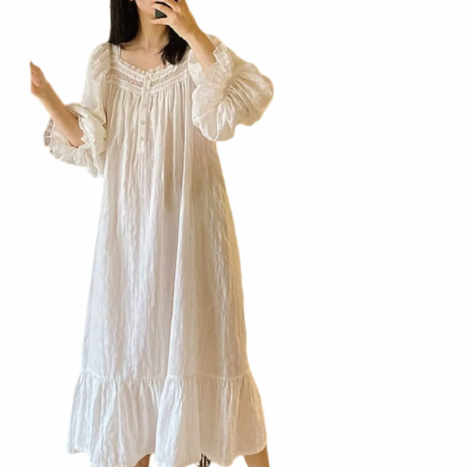 OFFSUM Camisón De Pijama De Mujer - Primavera Verano Vintage Suave Cómodo Algodón Color Sólido Cuello Cuadrado Camisón Elegante Ropa De Dormir Vestido