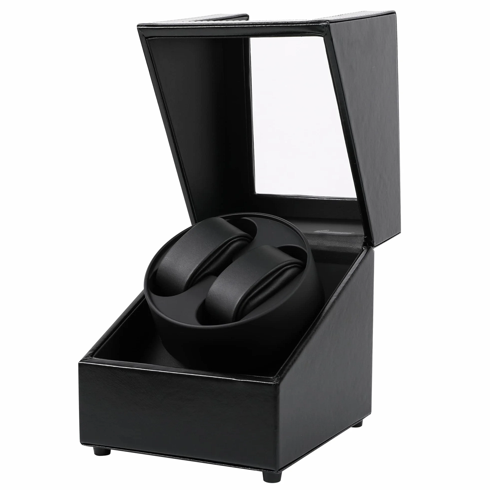 Caja giratoria para 2 relojes automáticos USB, piel sintética, motor silencioso, negro