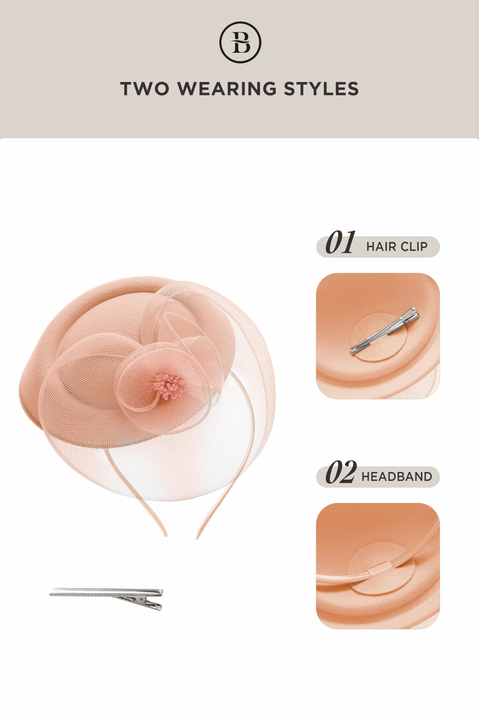 BABEYOND Tocado para mujer, elegante gorro con diadema de flores de malla y clip para el pelo para bodas, día de carrera de damas, fiesta de cóctel