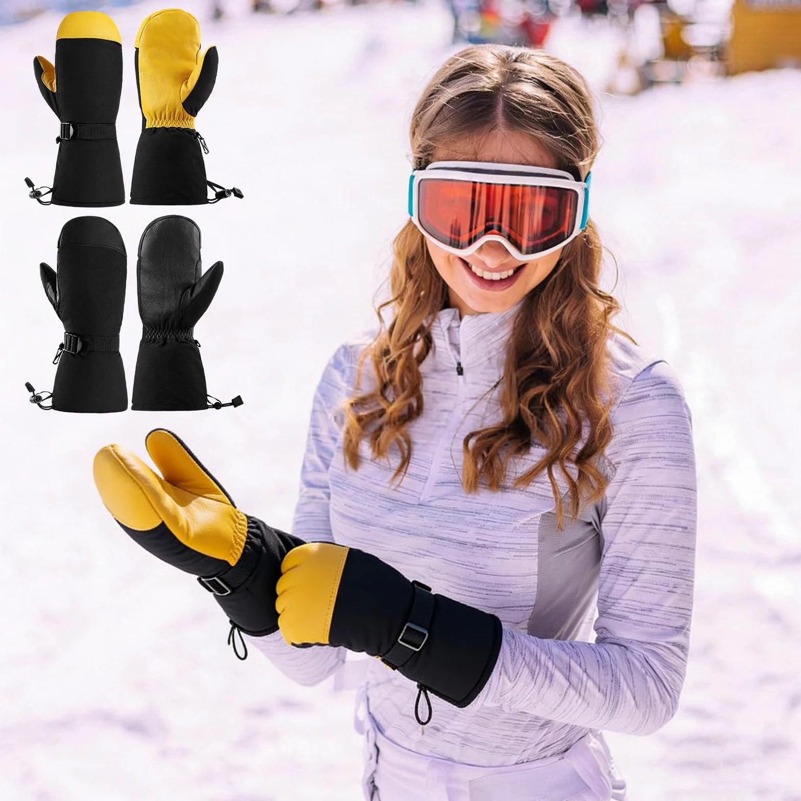 Guantes de esquí para clima frío, forro grueso, impermeables, resistentes al viento, snowboard, unisex, correa de muñeca ajustable, resistente al viento, térmicos para clima frío