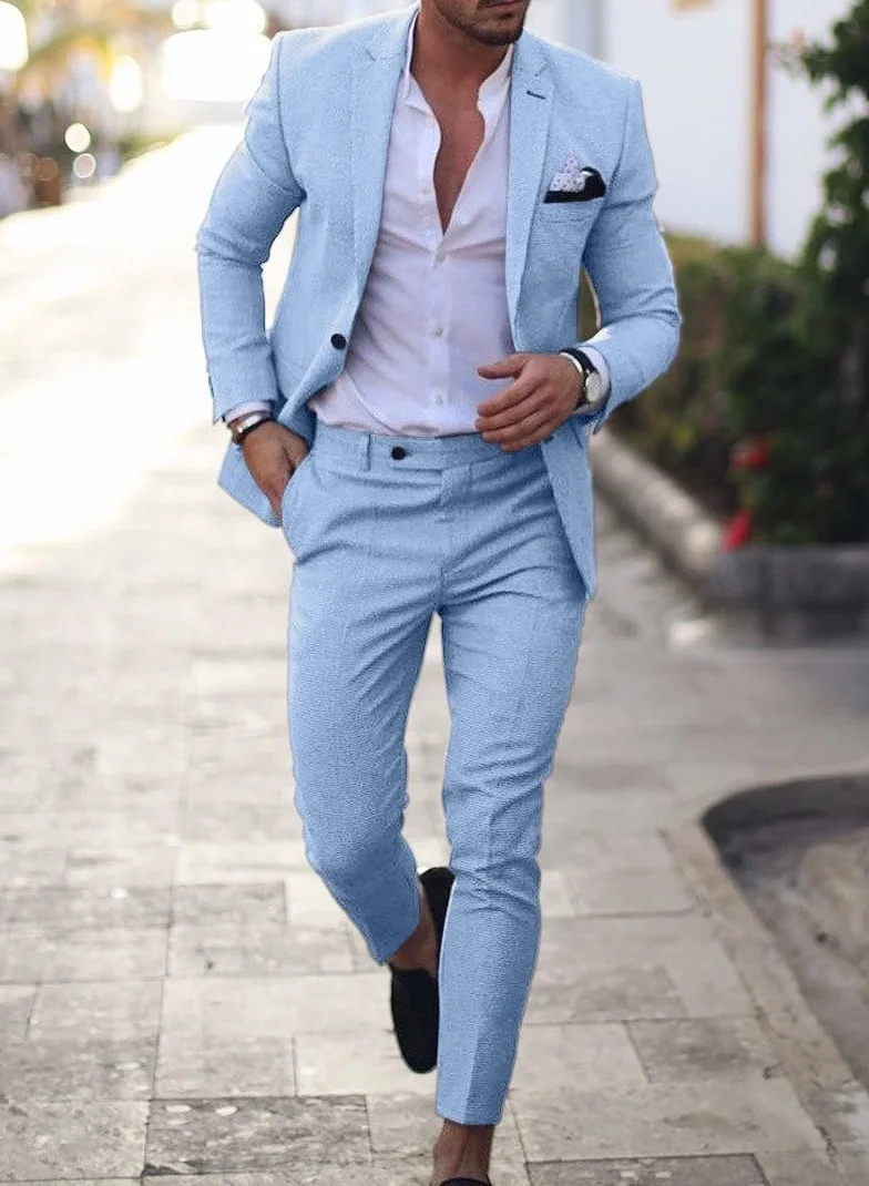 Conjunto de traje de lino para hombre, esmoquin casual, 2 piezas, blazer de ajuste regular, chaqueta y pantalones sólidos con un botón, para graduación, boda, fiesta