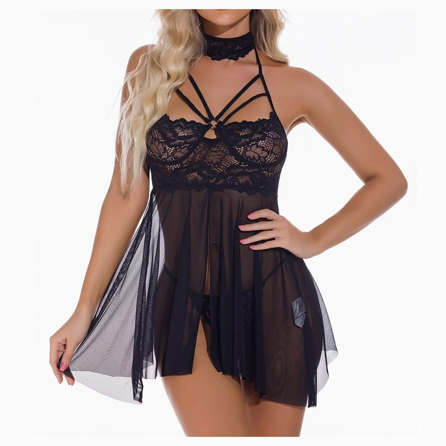 Lencería para mujer Conjunto de lencería con liga de malla transparente con encaje floral Camisón con cuello en V para mujer con tanga Traje para el hogar (Color: Rood, Tamaño: 2XL) (Zwart M)
