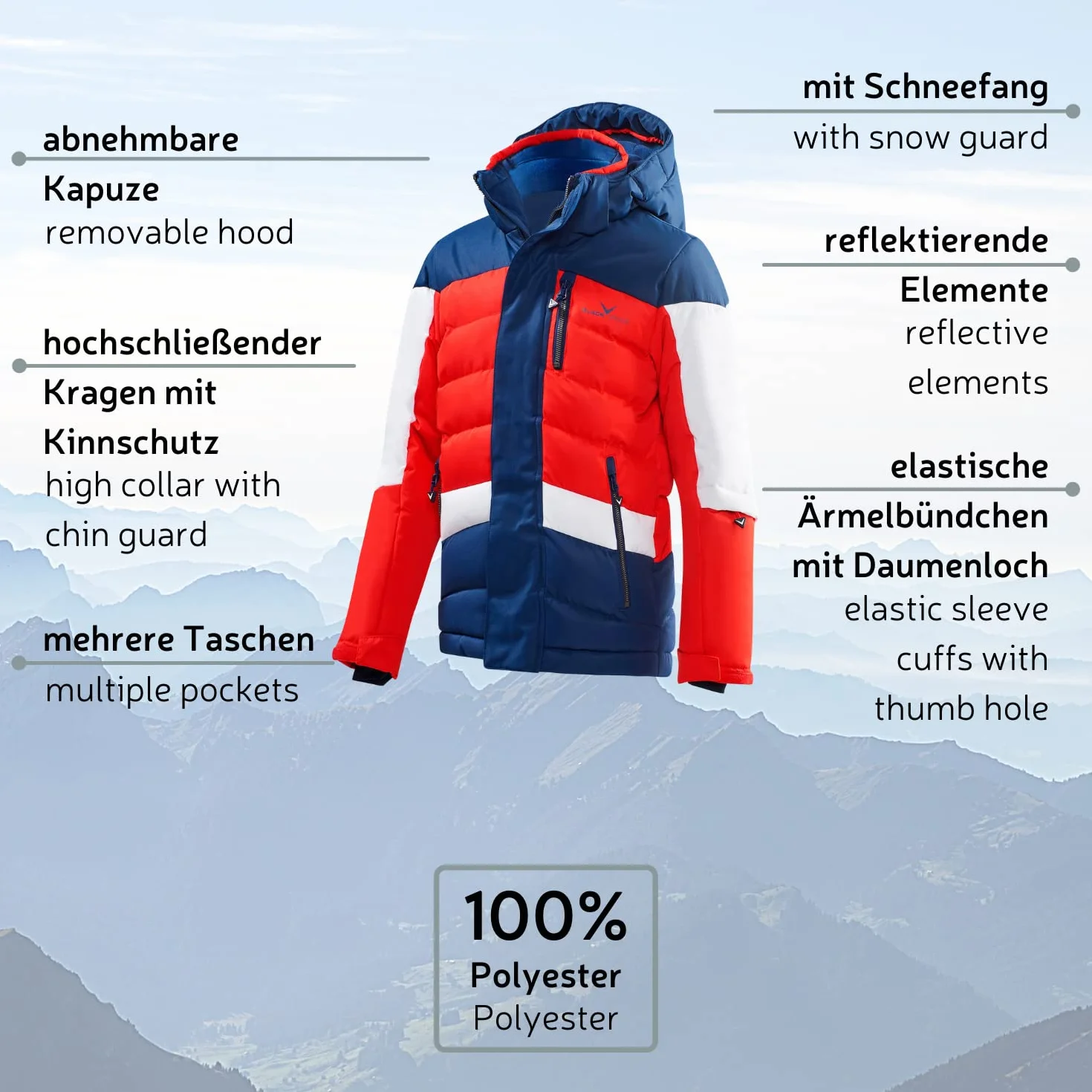 Black Crevice Chaqueta de esquí infantil, chaqueta de invierno rompeviento e impermeable para niños, bolsillos impermeables con cremallera, con capucha